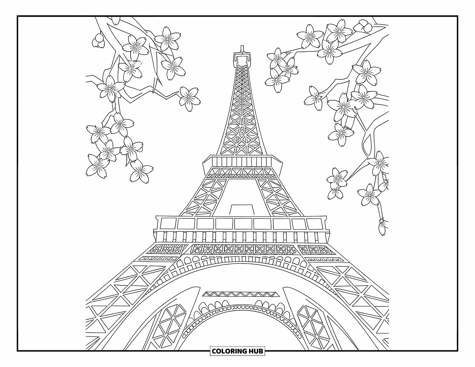 Paris Coloring Page for Kids: The Eiffel Tower rises beneath blooming cherry blossoms in a bold-lined perspective view