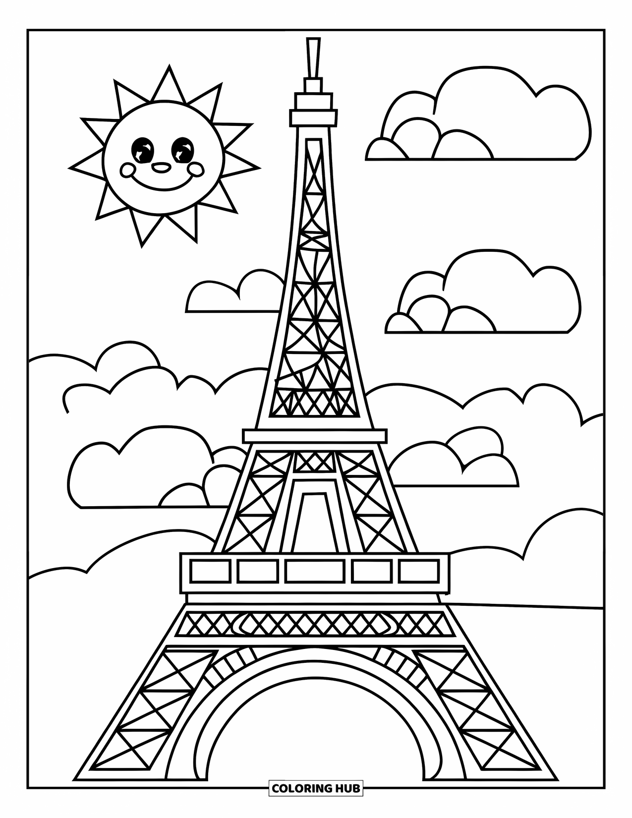 Paris Coloring Page for Kids: The Eiffel Tower stands tall beneath a smiling sun and fluffy clouds