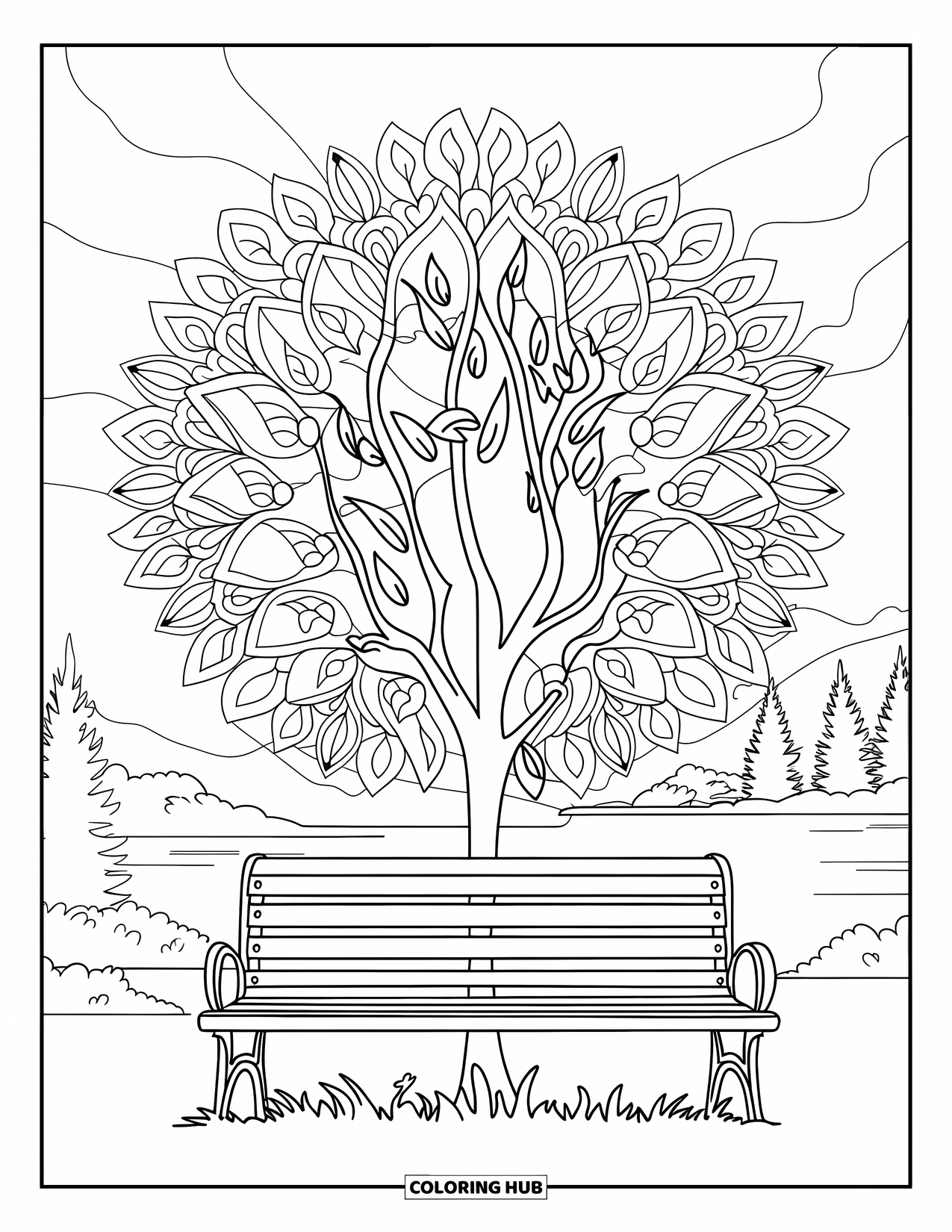 Park Coloring Page for Adults: A bench under a tree is surrounded by leaf mandalas and peaceful scenery