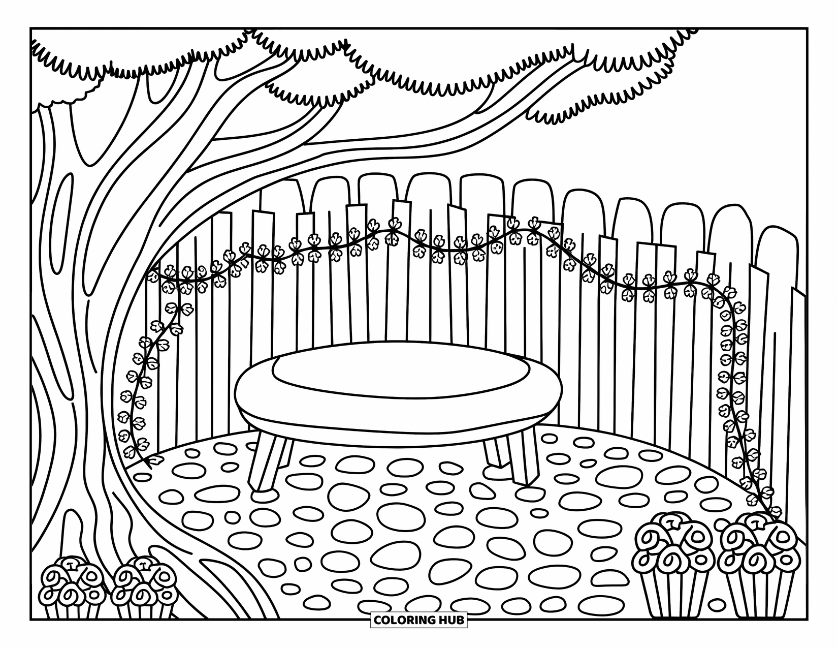 Park Coloring Page for Adults: A bench under an arching tree is bordered by a curved fence and pebbles