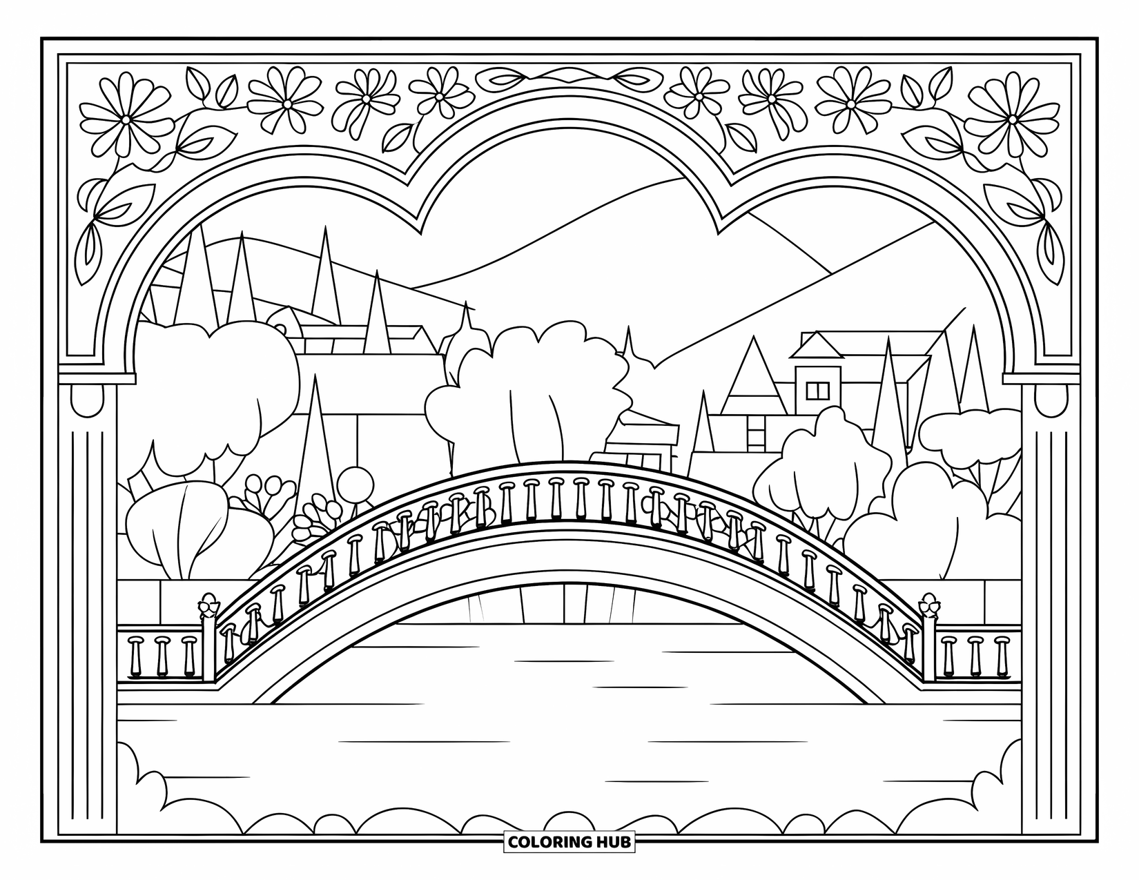 Park Coloring Page for Adults: A charming bridge crosses water, framed by floral arches and distant mountains