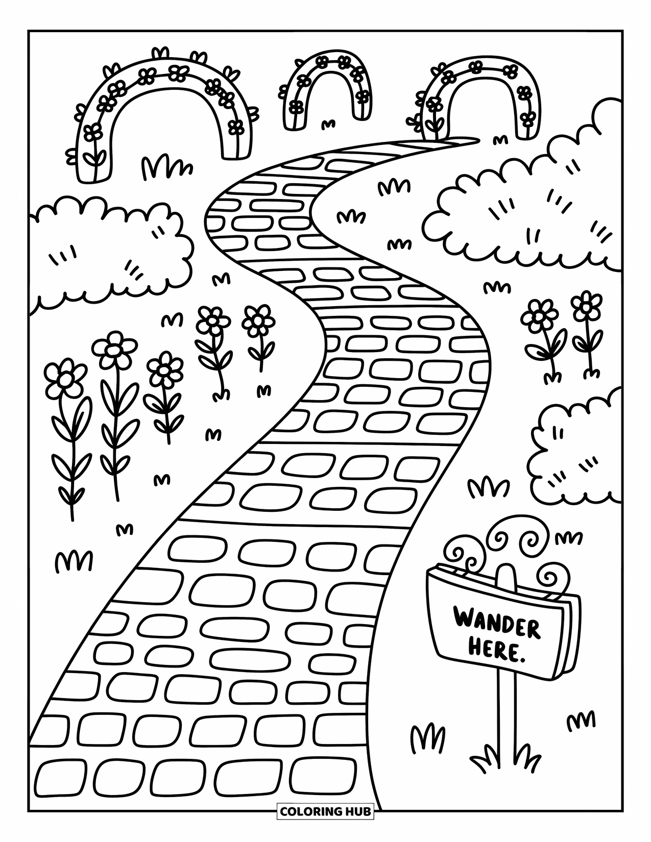Park Coloring Page for Adults: A charming trail with floral arches, bushes, and a ìWander Hereî sign invites strolling