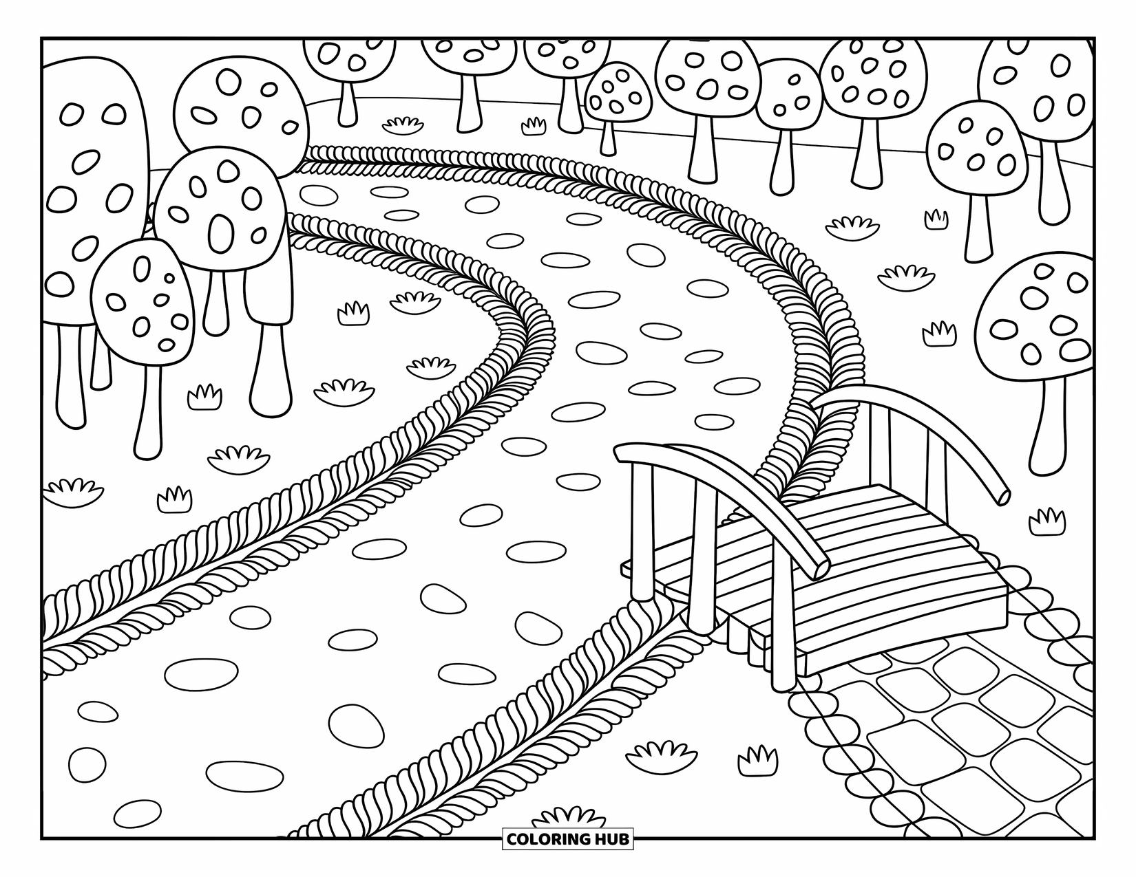 Park Coloring Page for Adults: A circular forest path leads to a tiny bridge with leafy stepping stones