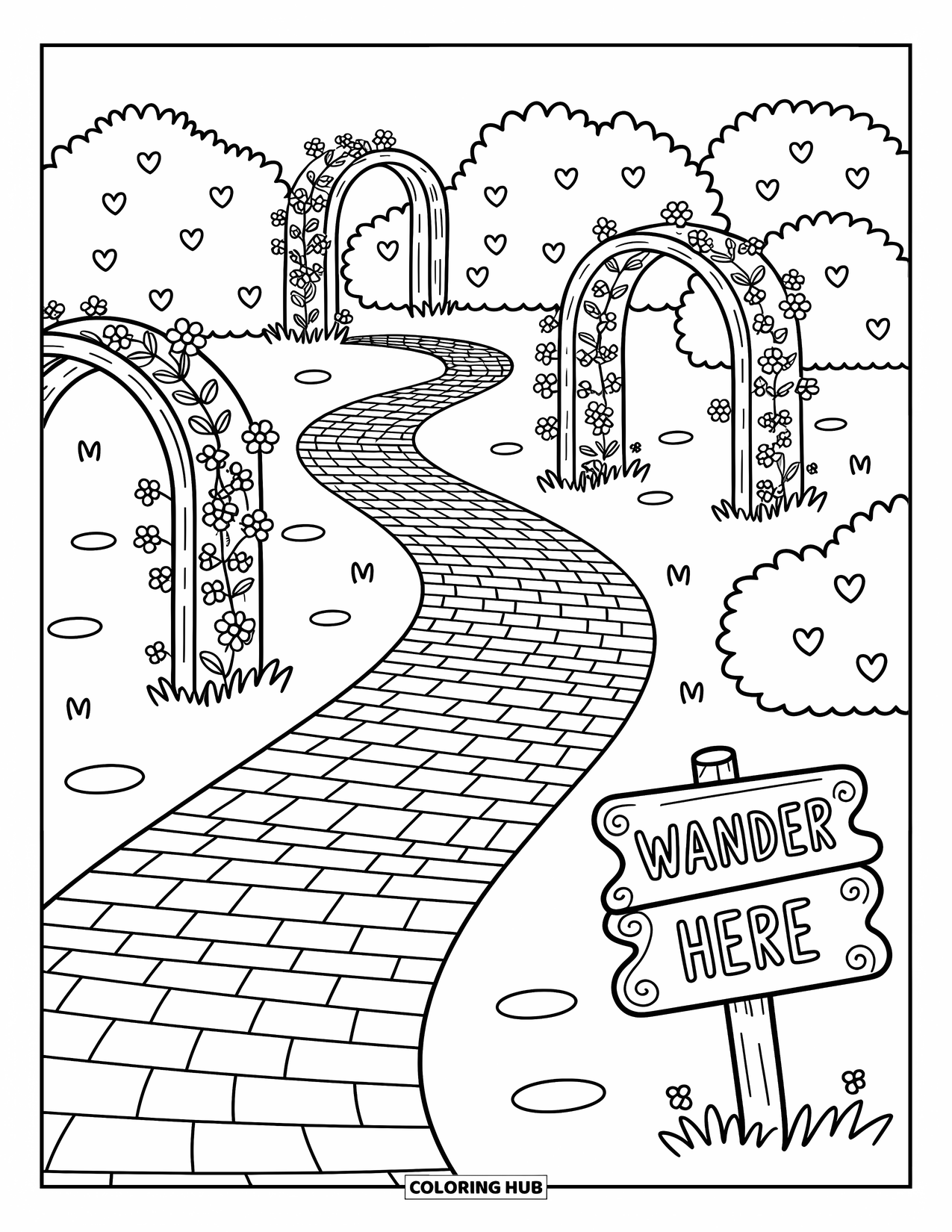Park Coloring Page for Adults: A cobblestone path with floral arches and a ìWander Hereî sign winds through the park