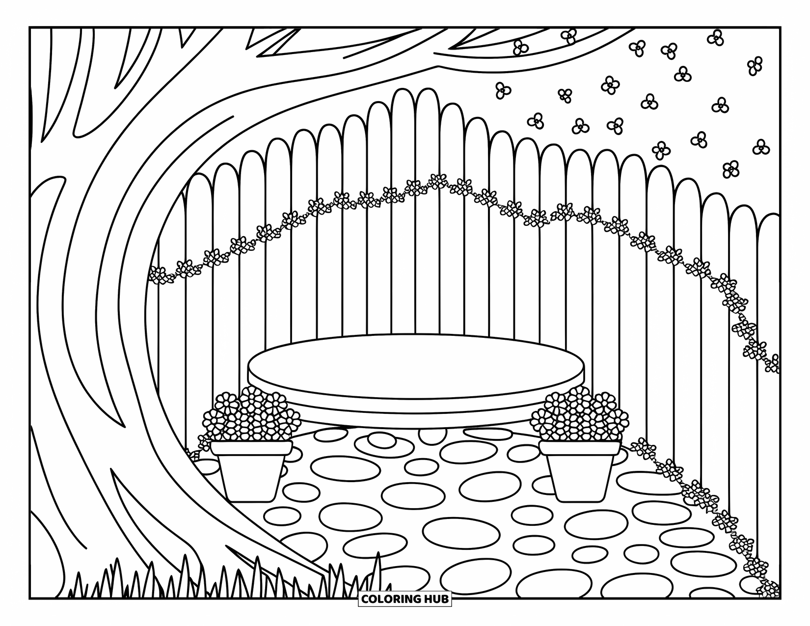 Park Coloring Page for Adults: A cozy bench rests beneath a tree with ivy and flower pots nearby