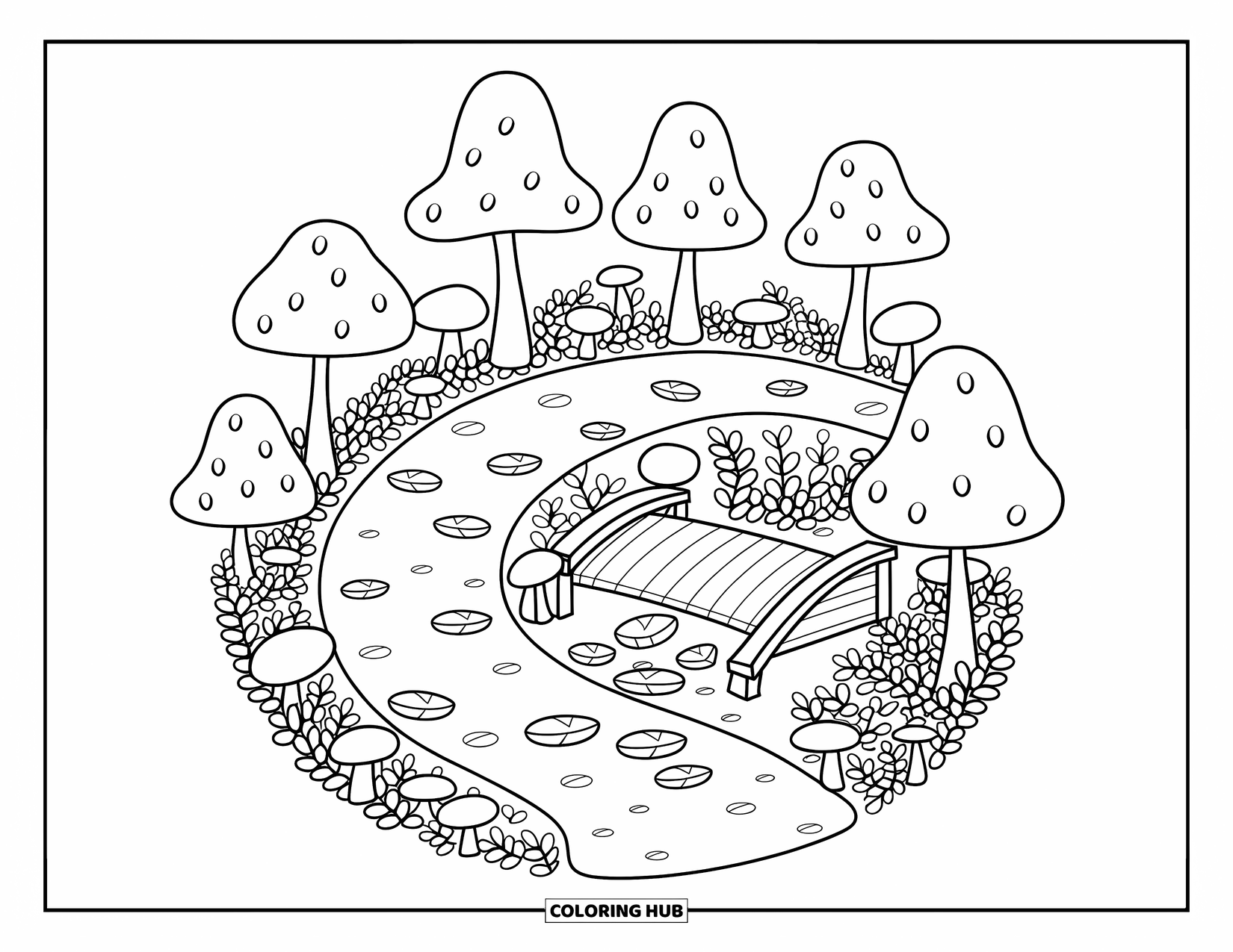 Park Coloring Page for Adults: A dirt trail with mushrooms and ferns winds to a tiny wooden bridge