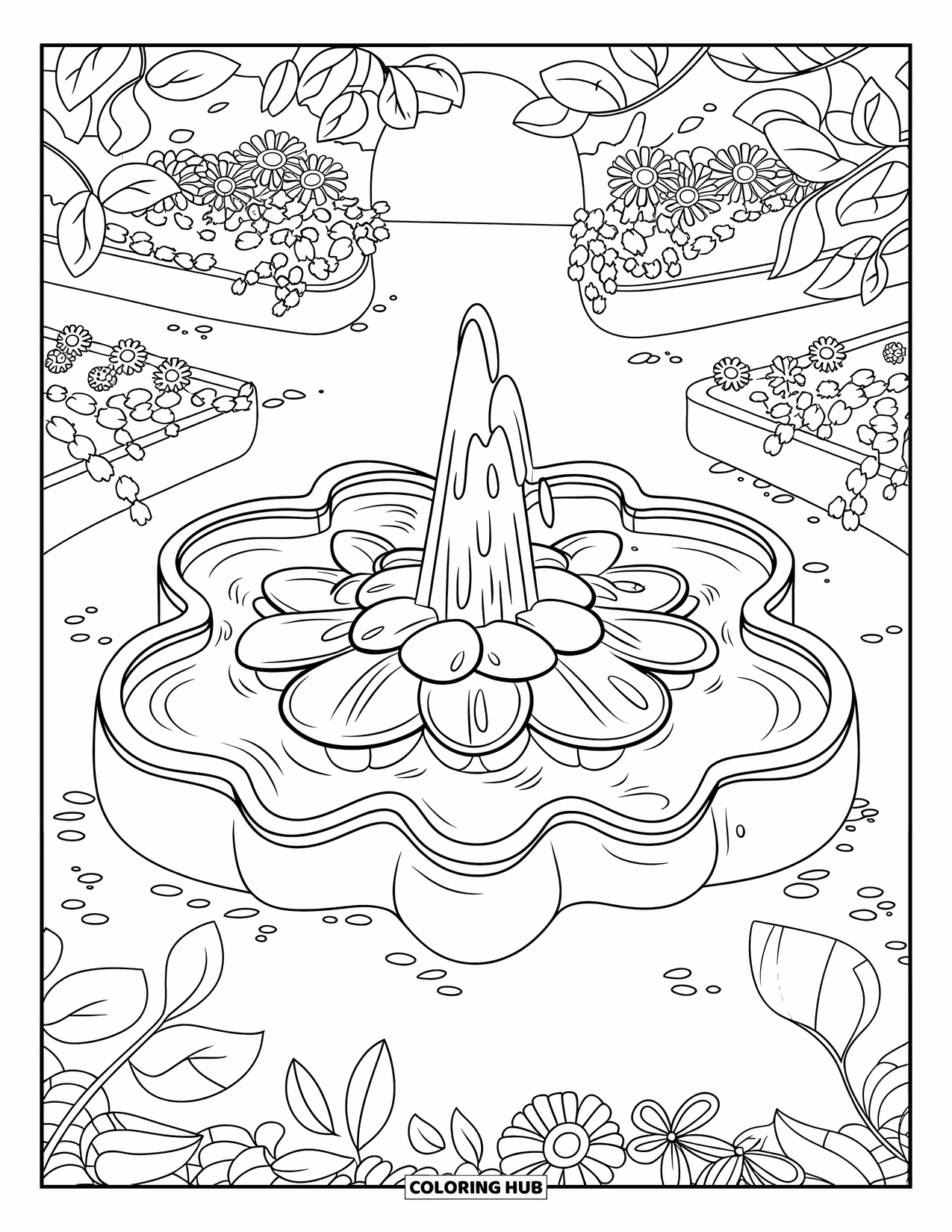 Park Coloring Page for Adults: A flower-shaped fountain flows in a garden surrounded by lush plants