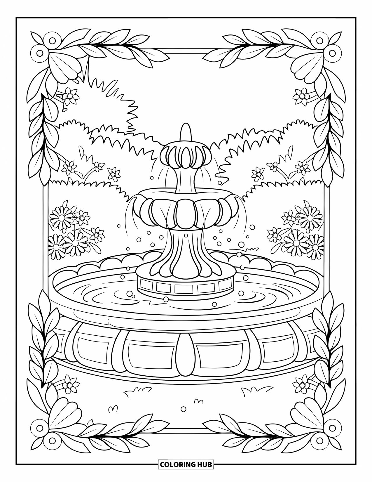 Park Coloring Page for Adults: A flowing fountain sits in a floral courtyard with ornate leafy frames