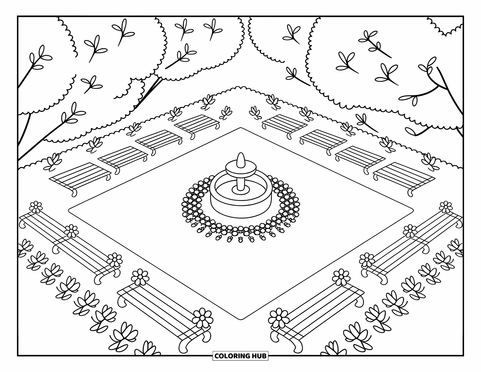 Park Coloring Page for Adults: A fountain courtyard with benches and leafy trees creates a cozy resting spot