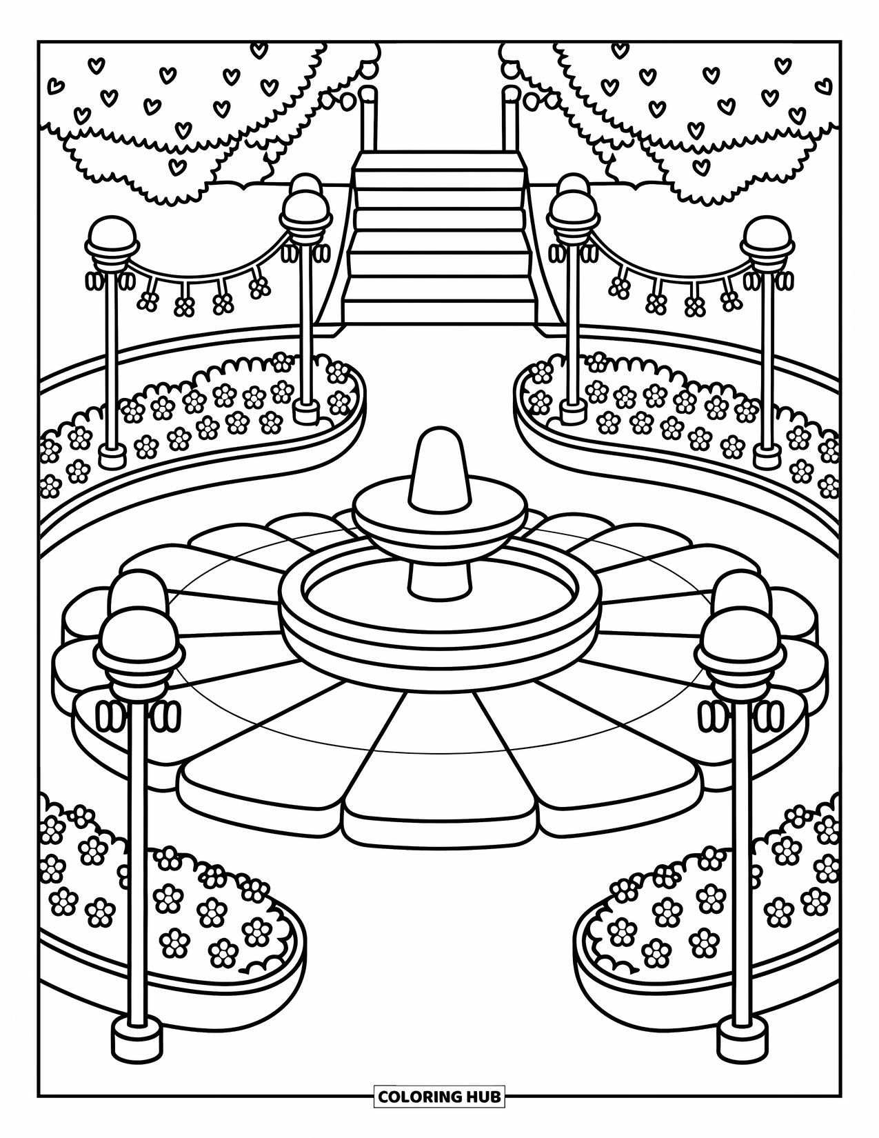 Park Coloring Page for Adults: A fountain plaza has petal-shaped tiles, garden walls, and flower-decorated lanterns