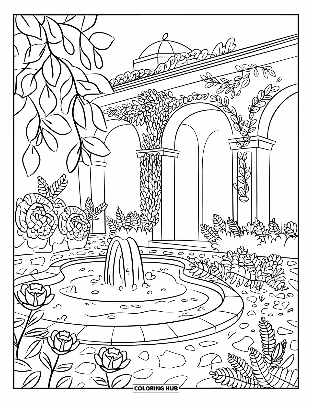 Park Coloring Page for Adults: A garden fountain sits among roses, lilies, ferns, and a leafy arch