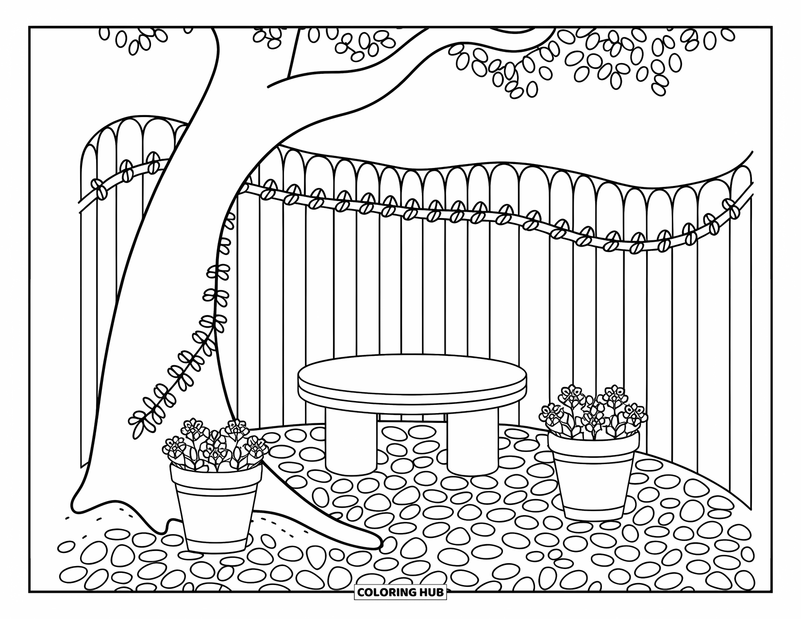 Park Coloring Page for Adults: A peaceful nook with a tree bench, flower pots, and a soft ivy-covered fence