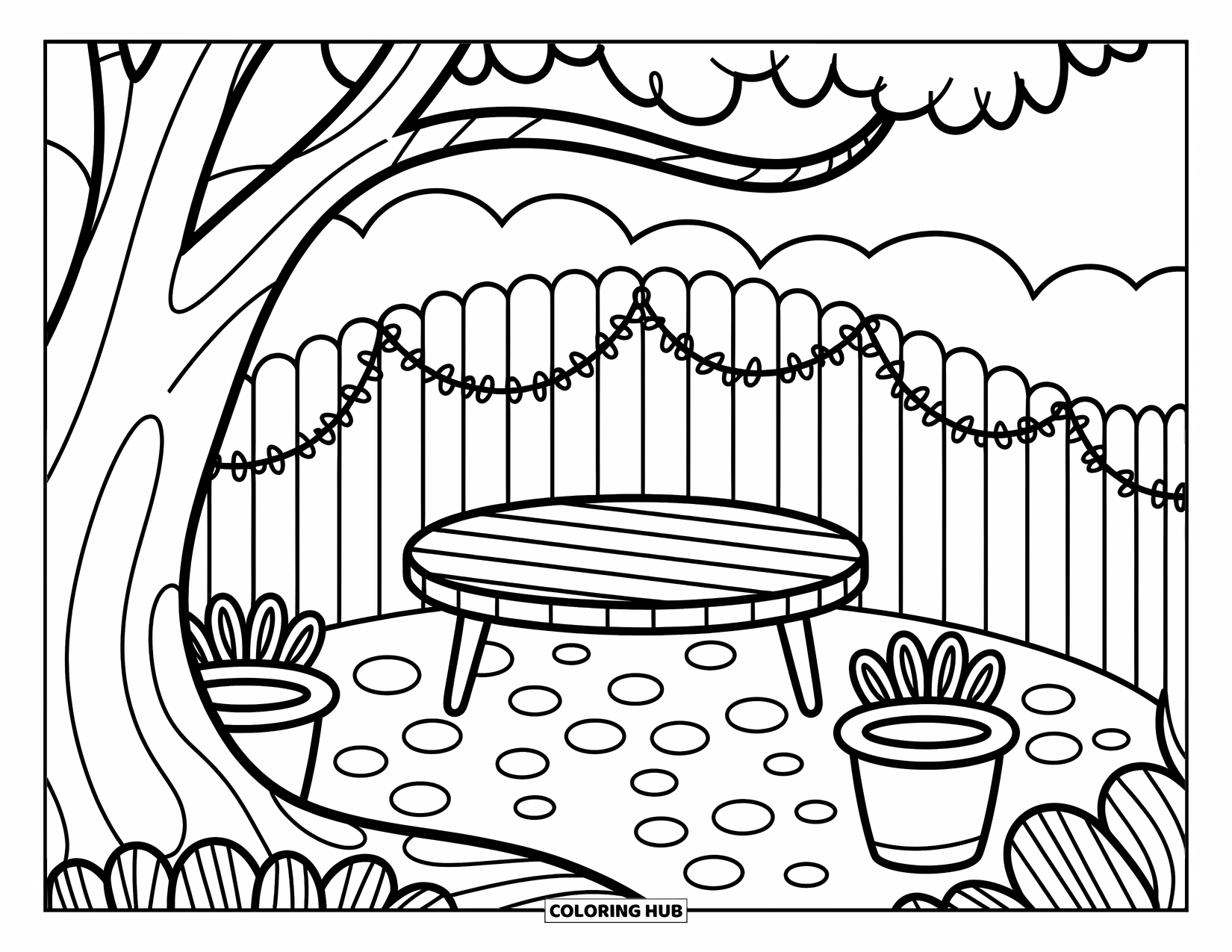 Park Coloring Page for Adults: A round bench sits under a big tree, surrounded by ivy and flower pots