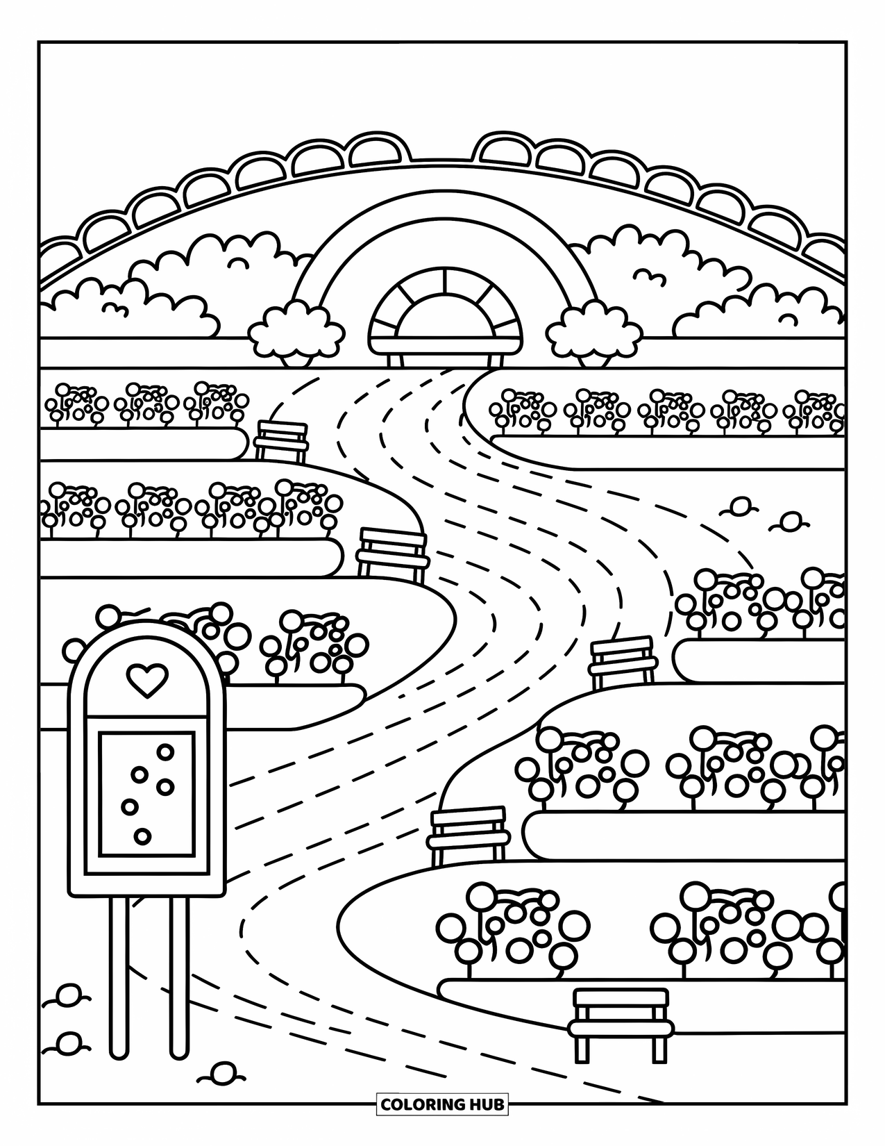 Park Coloring Page for Adults: A soft hill park with benches and flower rows leads to a peaceful lookout