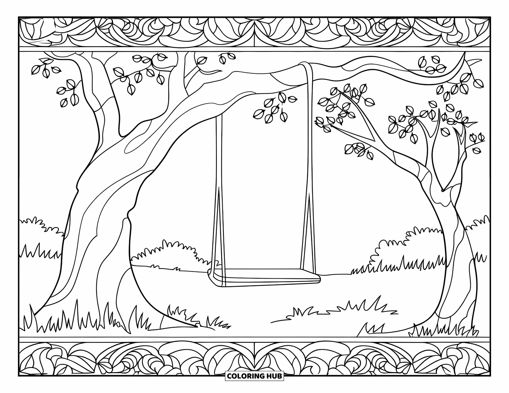 Park Coloring Page for Adults: A swing hangs from a tree inside a swirling floral stained glass frame