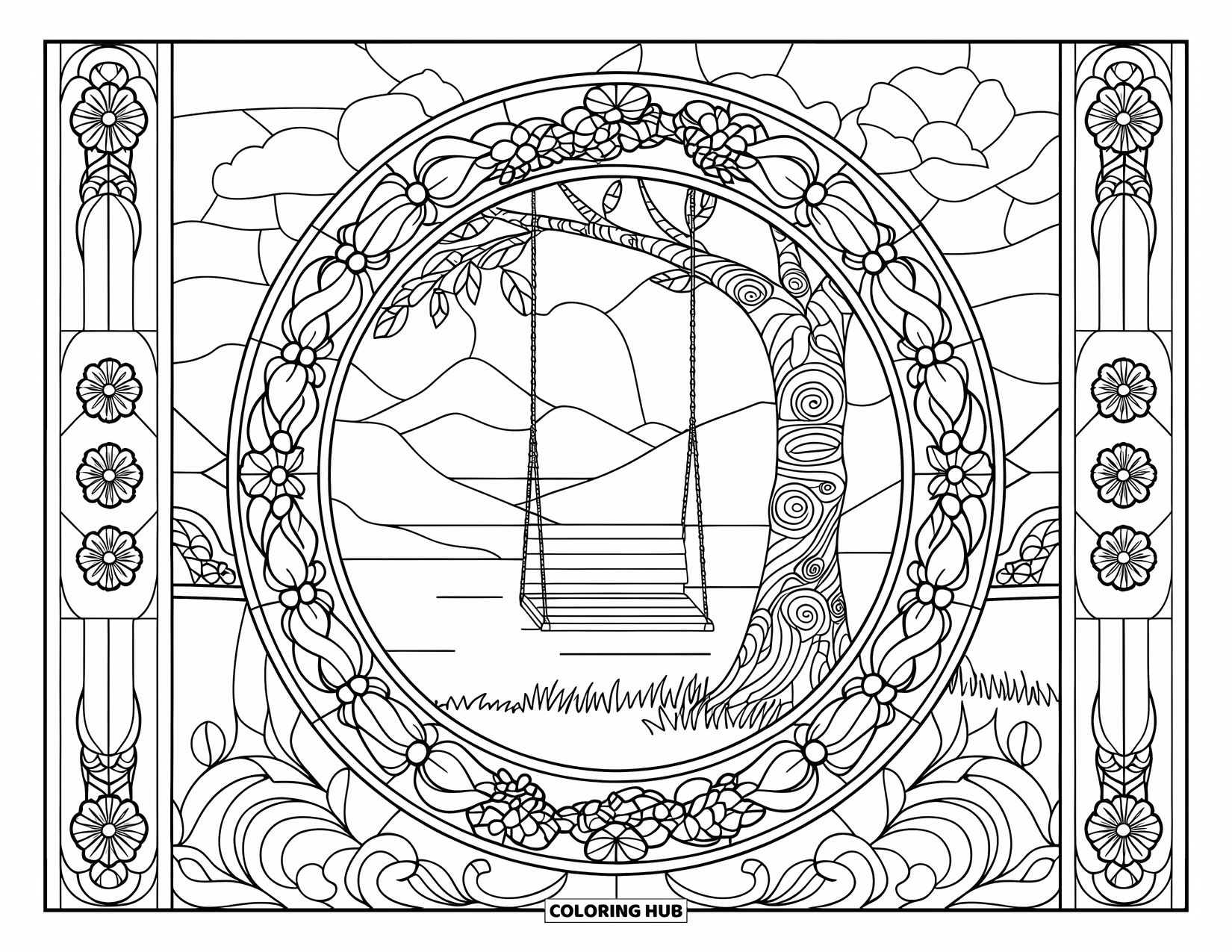 Park Coloring Page for Adults: A swing hangs under a patterned tree, framed by flowers, mountains, and water