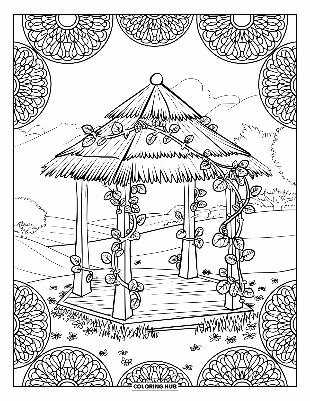 Park Coloring Page for Adults: A thatched gazebo with heart-shaped vines rests near hills and tiny flowers