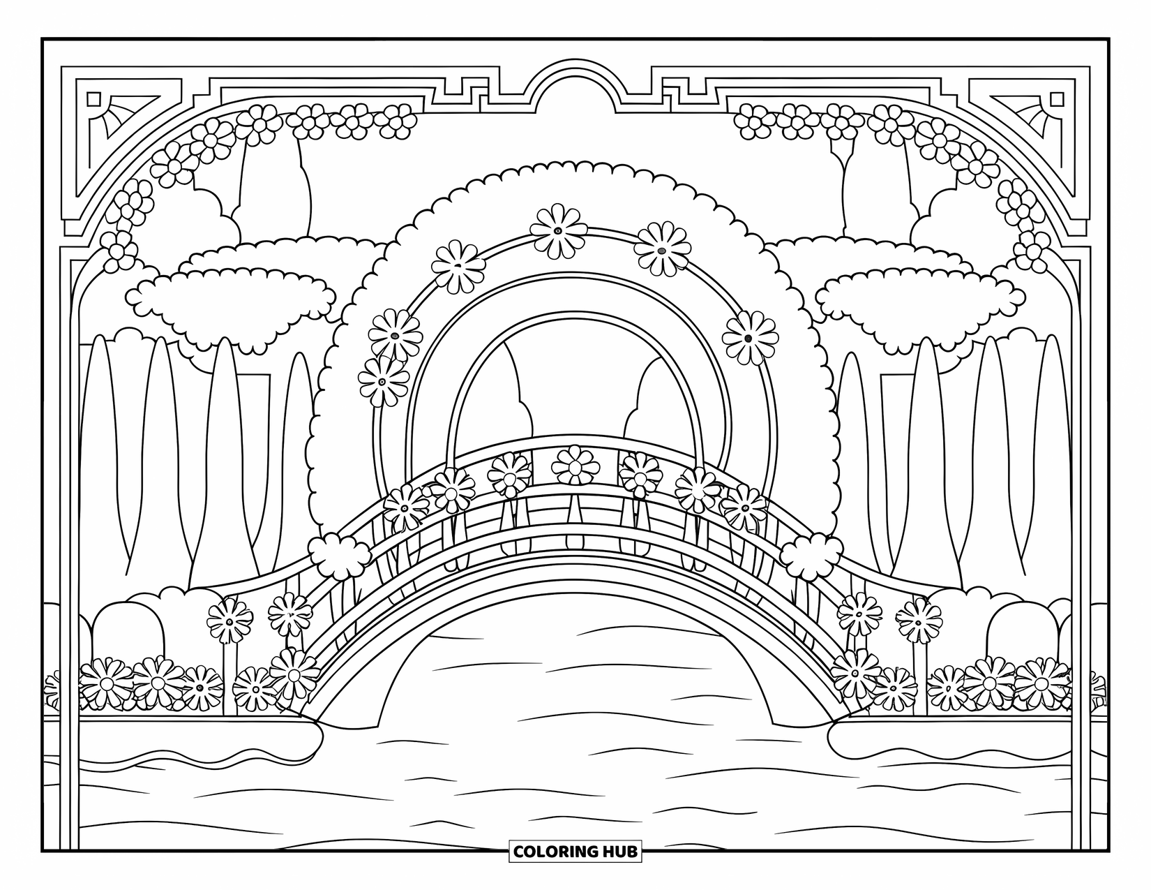 Park Coloring Page for Adults: An arched bridge with tall flower trees creates a cozy tunnel above the water