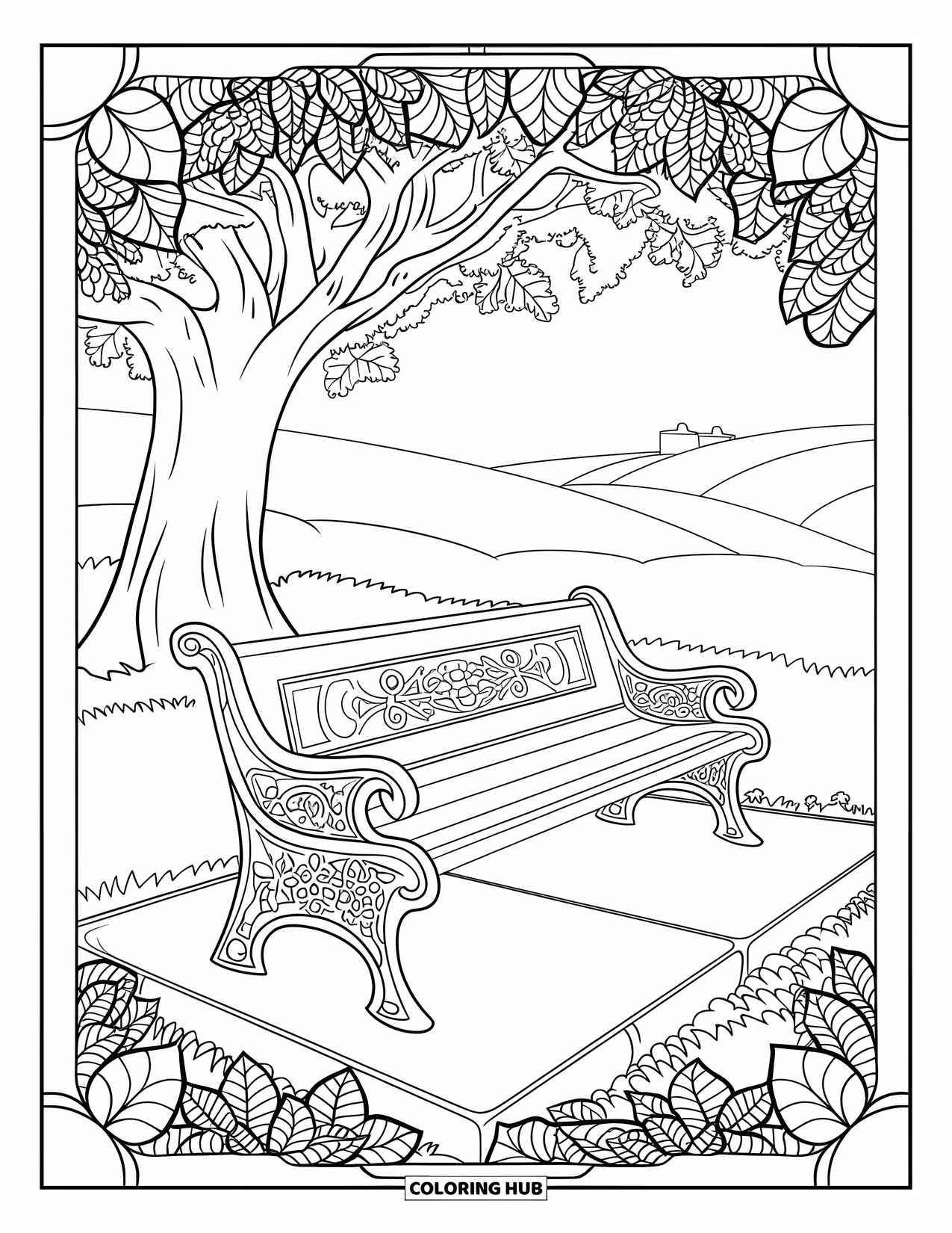 Park Coloring Page for Adults: An old bench with carvings sits under a wide tree, framed by mandala leaves