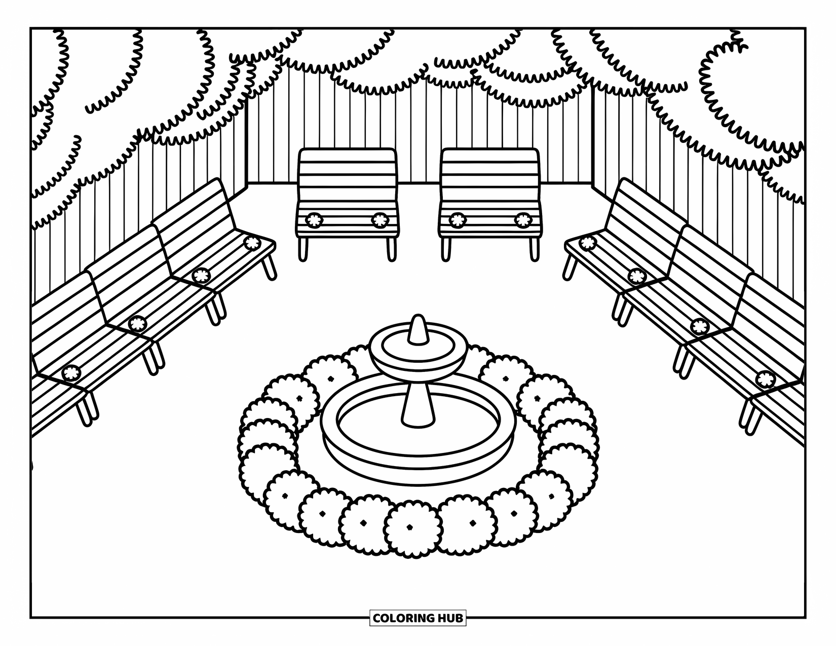 Park Coloring Page for Adults: Benches and trees line a square courtyard with a flower-filled fountain in the middle