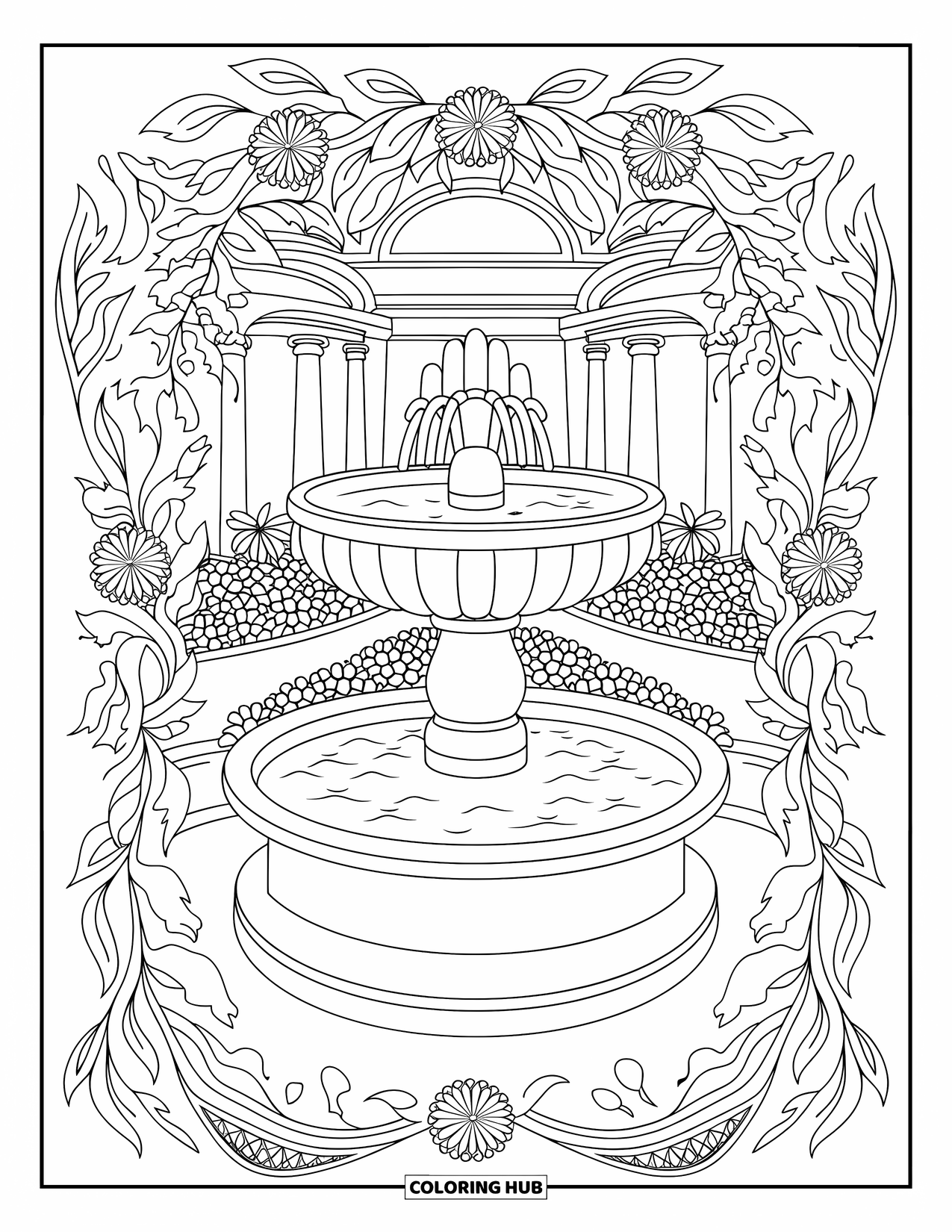 Park Coloring Page for Adults: Jets of water rise from a classic fountain in a plant-filled courtyard