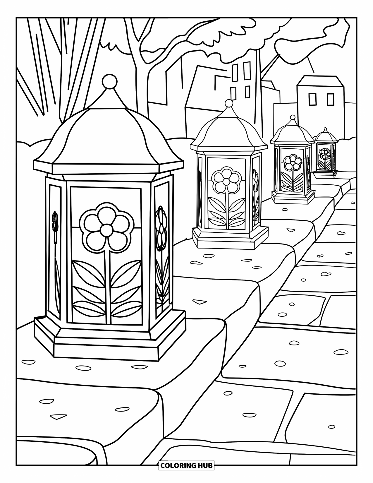 Park Coloring Page for Adults: Stone lanterns line a park path framed with stained glass flower designs