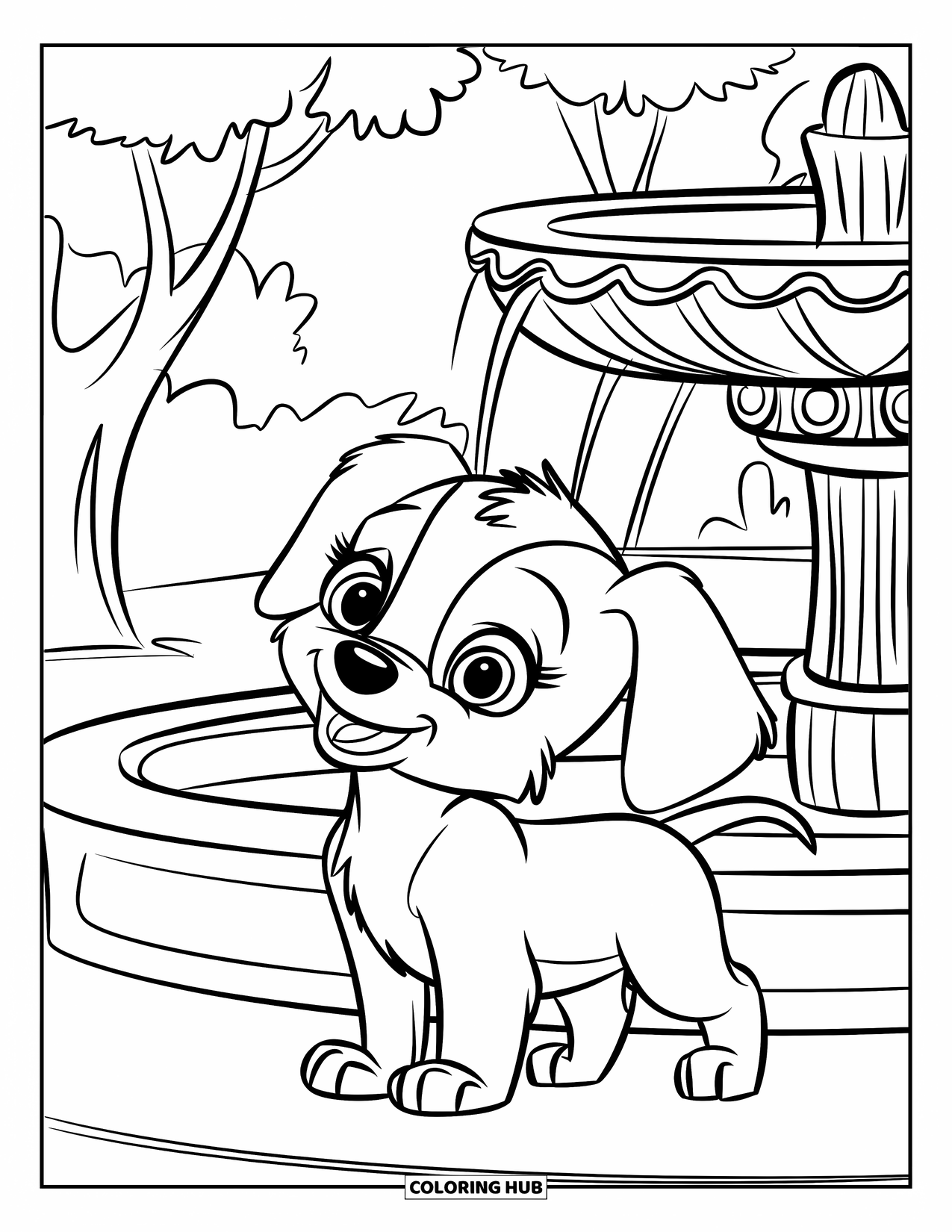 Park Coloring Page for Kids: A big-eyed puppy wags its tail near a carved fountain in a quiet park