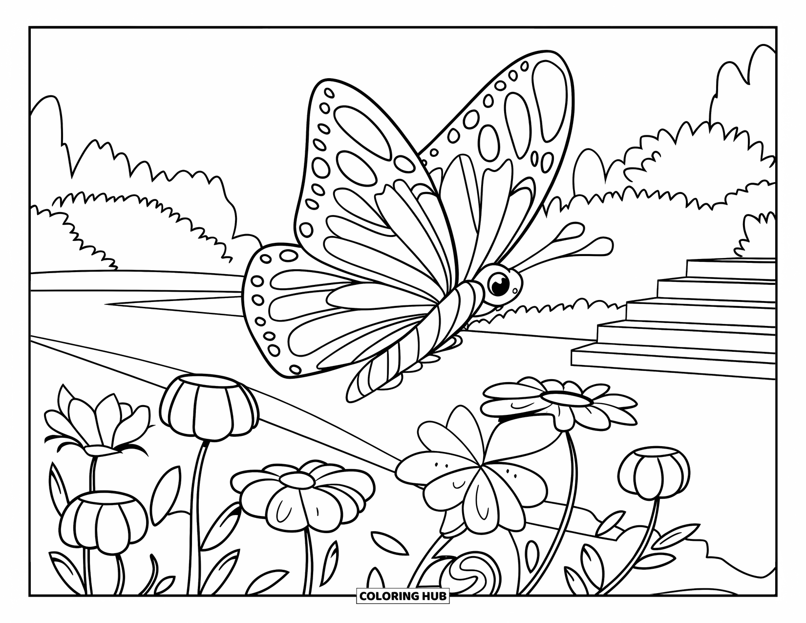 Park Coloring Page for Kids: A butterfly with bold wings flutters over blooming flowers near a garden path