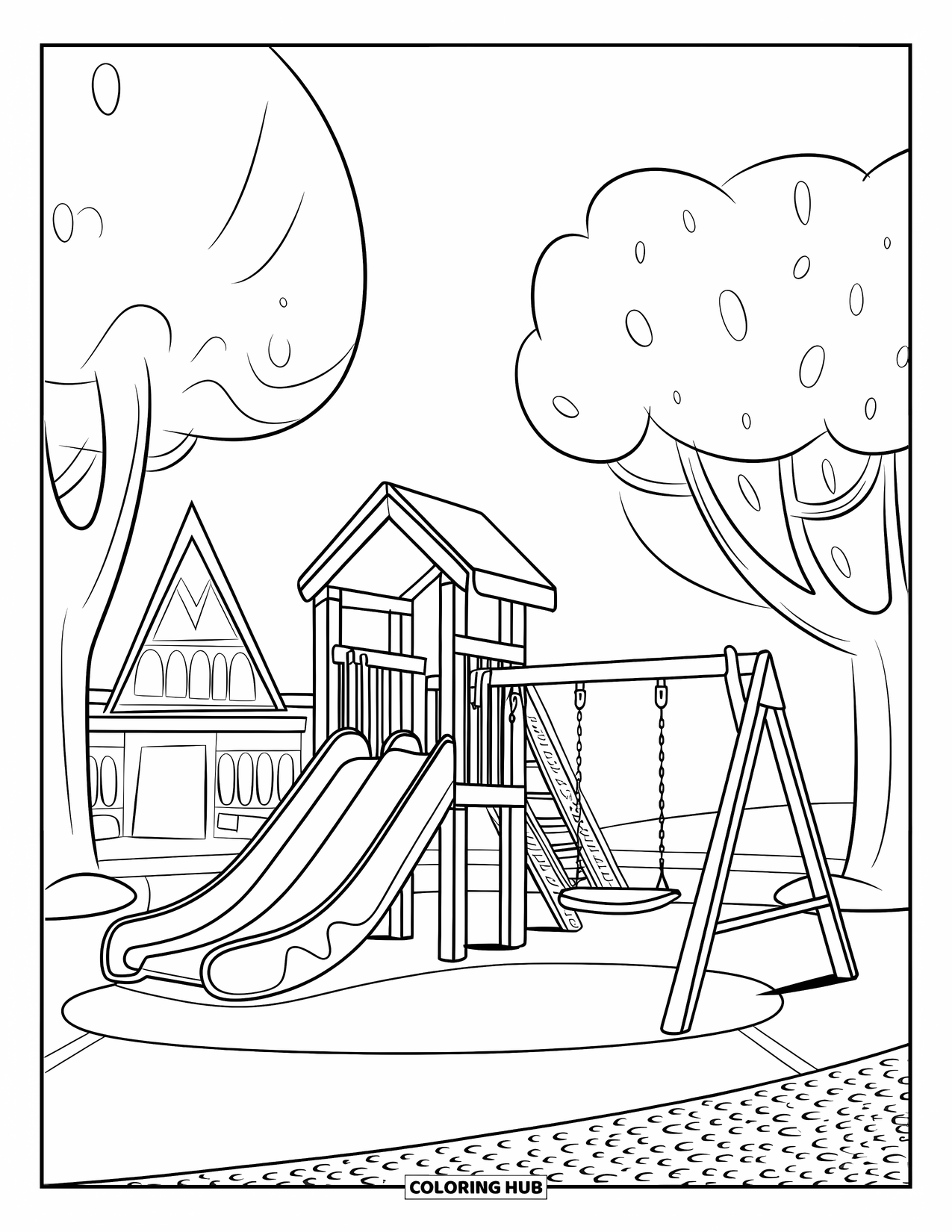 Park Coloring Page for Kids: A cheerful playground with swings and slides sits under trees and a pointed roof building