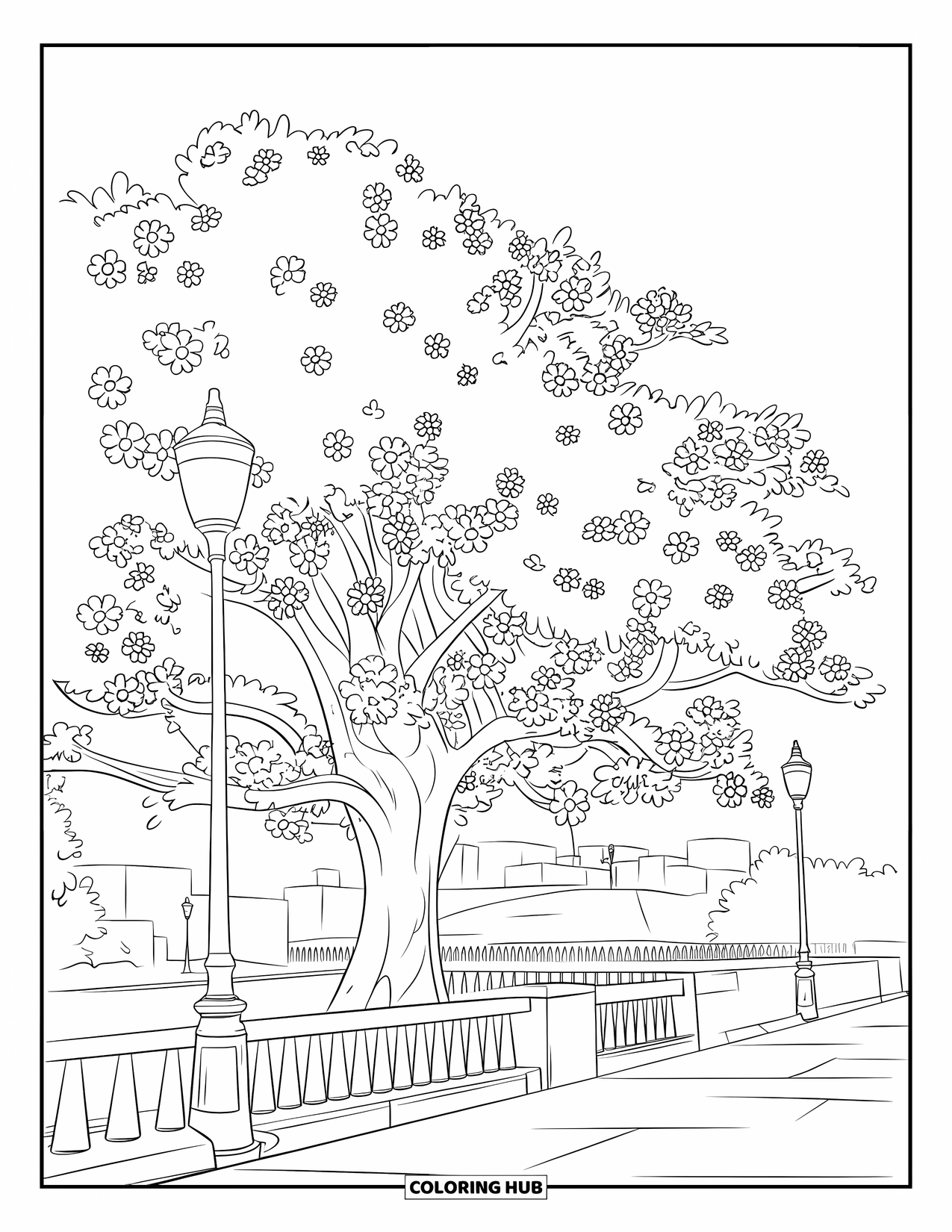 Park Coloring Page for Kids: A cherry blossom tree with flowers and lamps lines a walkway near some buildings