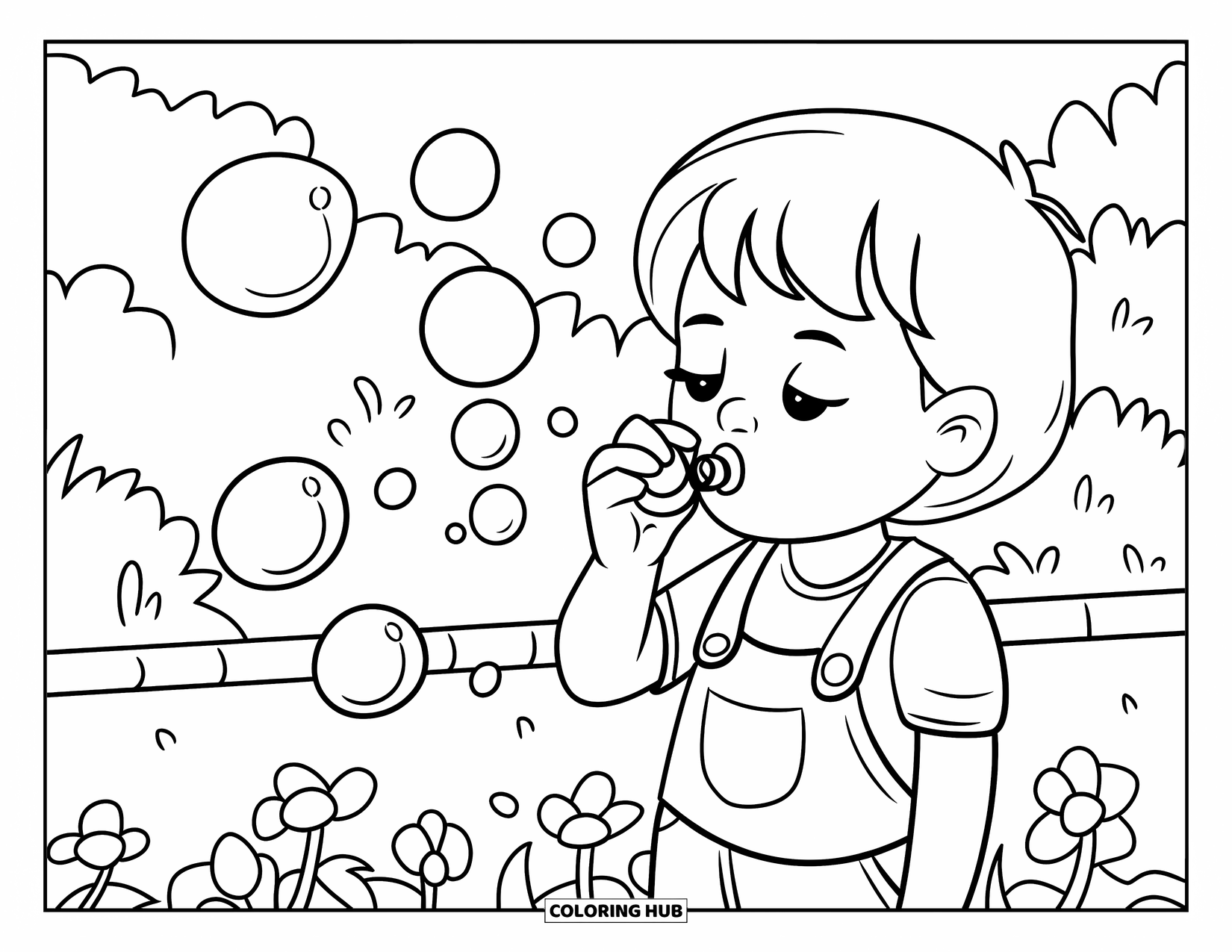 Park Coloring Page for Kids: A child in overalls blows bubbles near flower beds in the park
