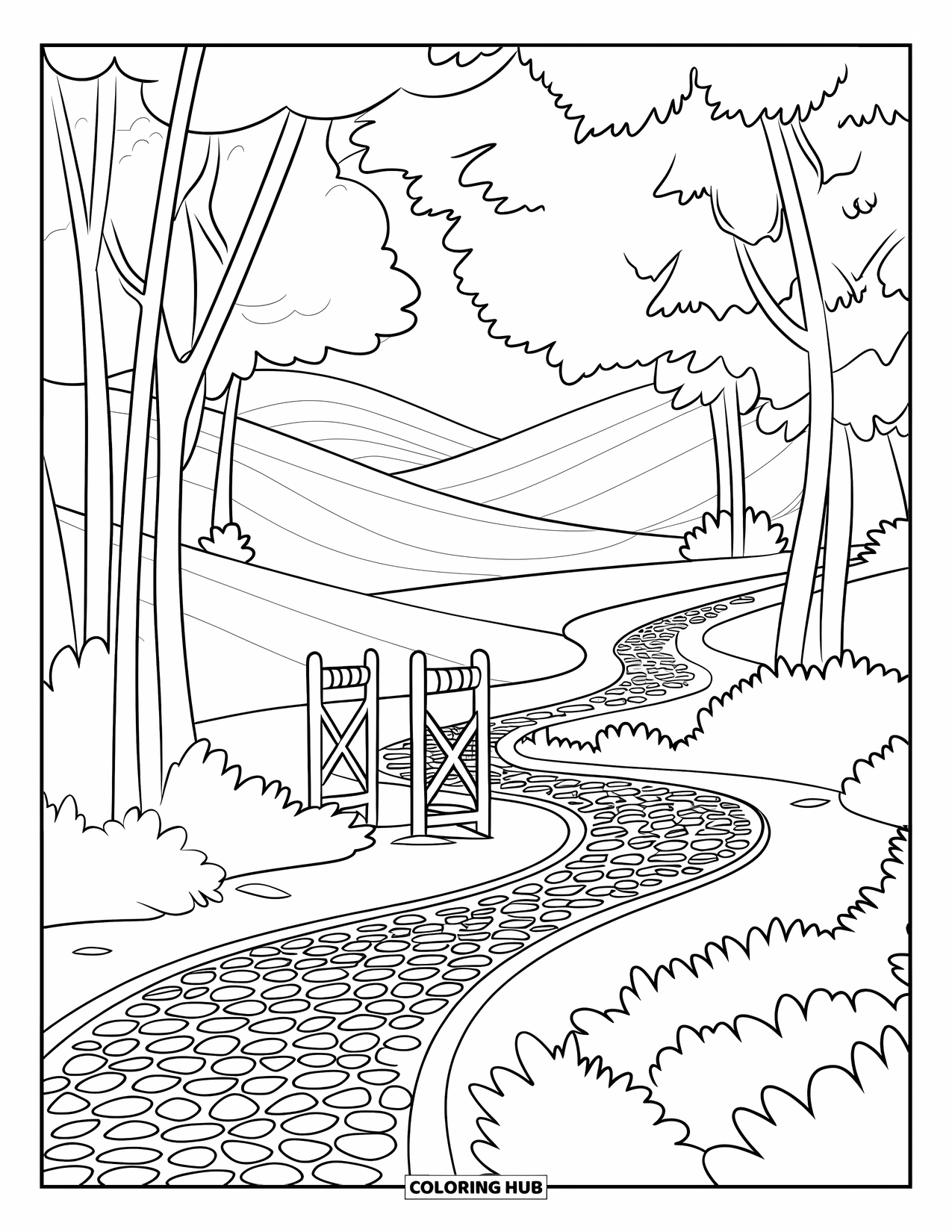 Park Coloring Page for Kids: A cobblestone biking path crosses a bridge in a tranquil park with rolling hills