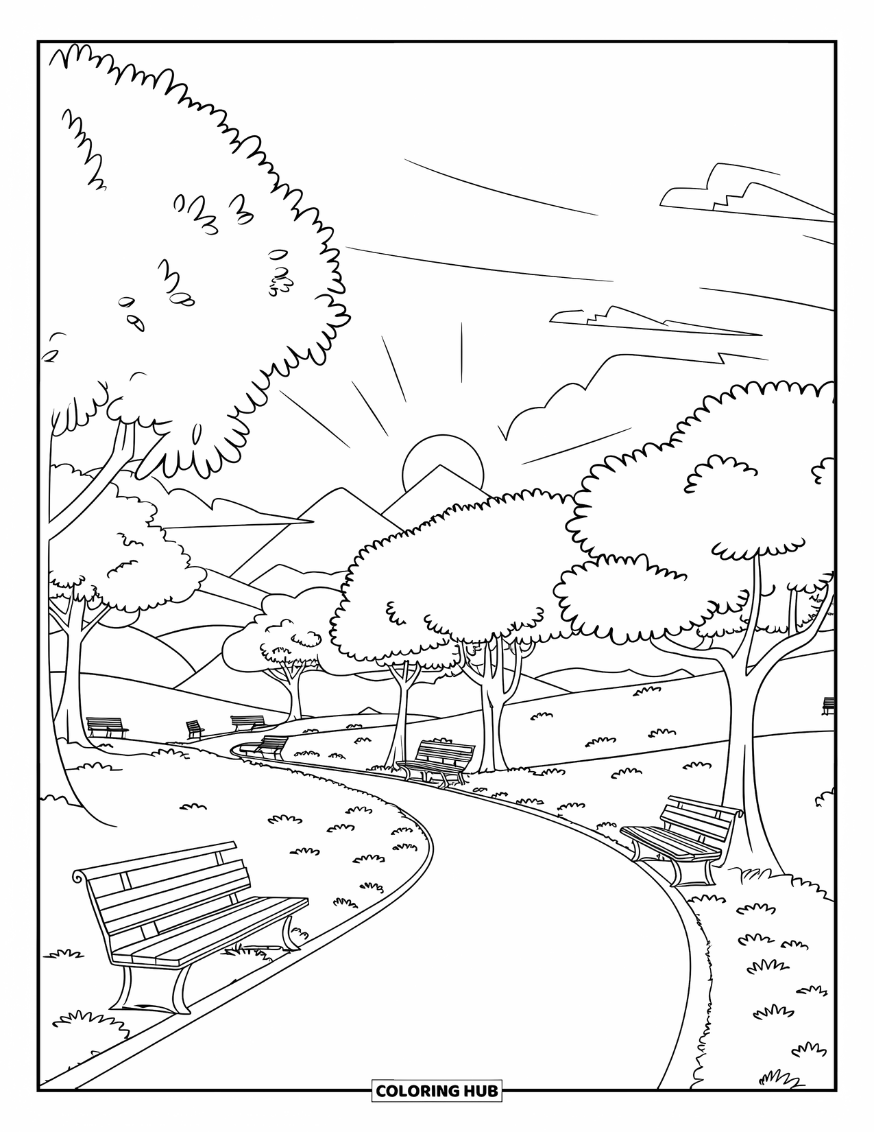 Park Coloring Page for Kids: A curved path with benches and trees leads through grassy hills and mountains