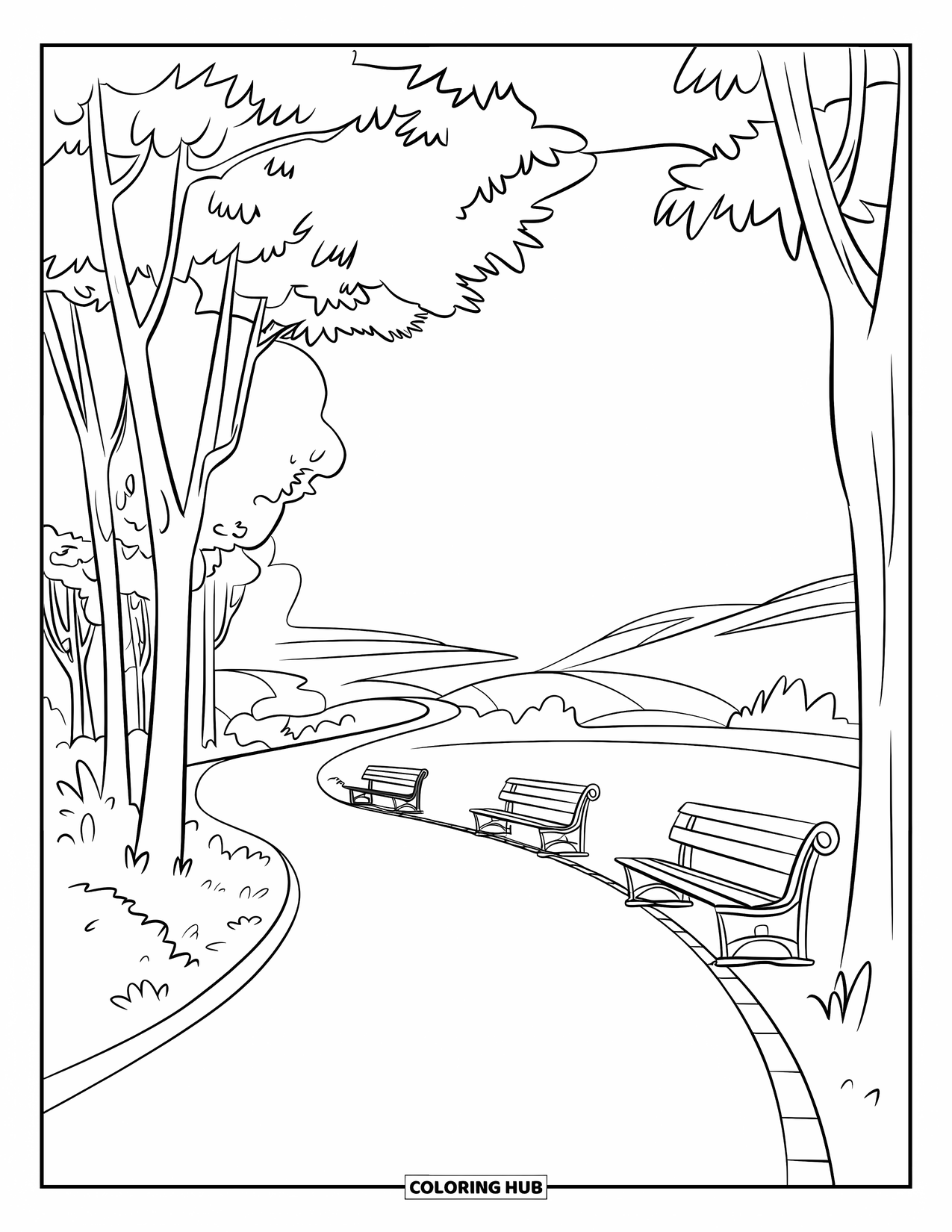 Park Coloring Page for Kids: A curving park path winds through trees and benches under a peaceful sky