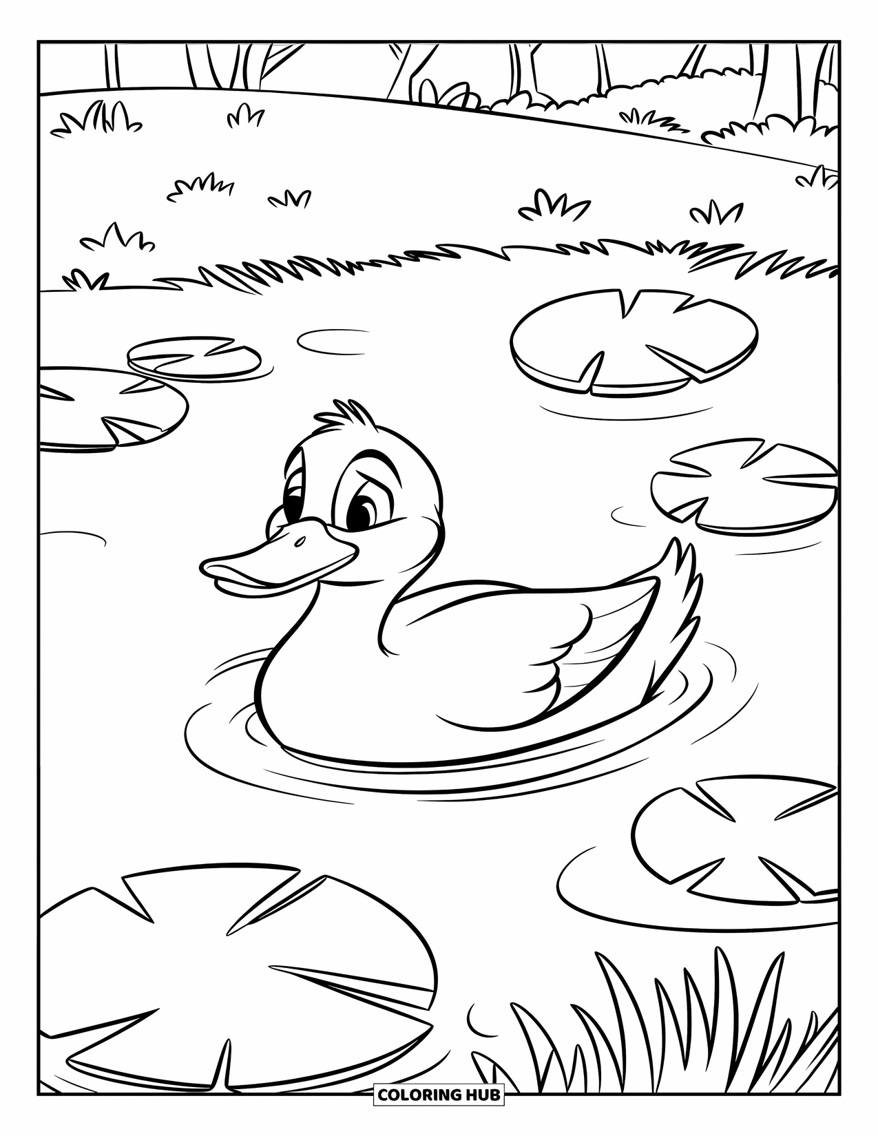 Park Coloring Page for Kids: A duck paddles in a quiet pond with lily pads and grassy banks