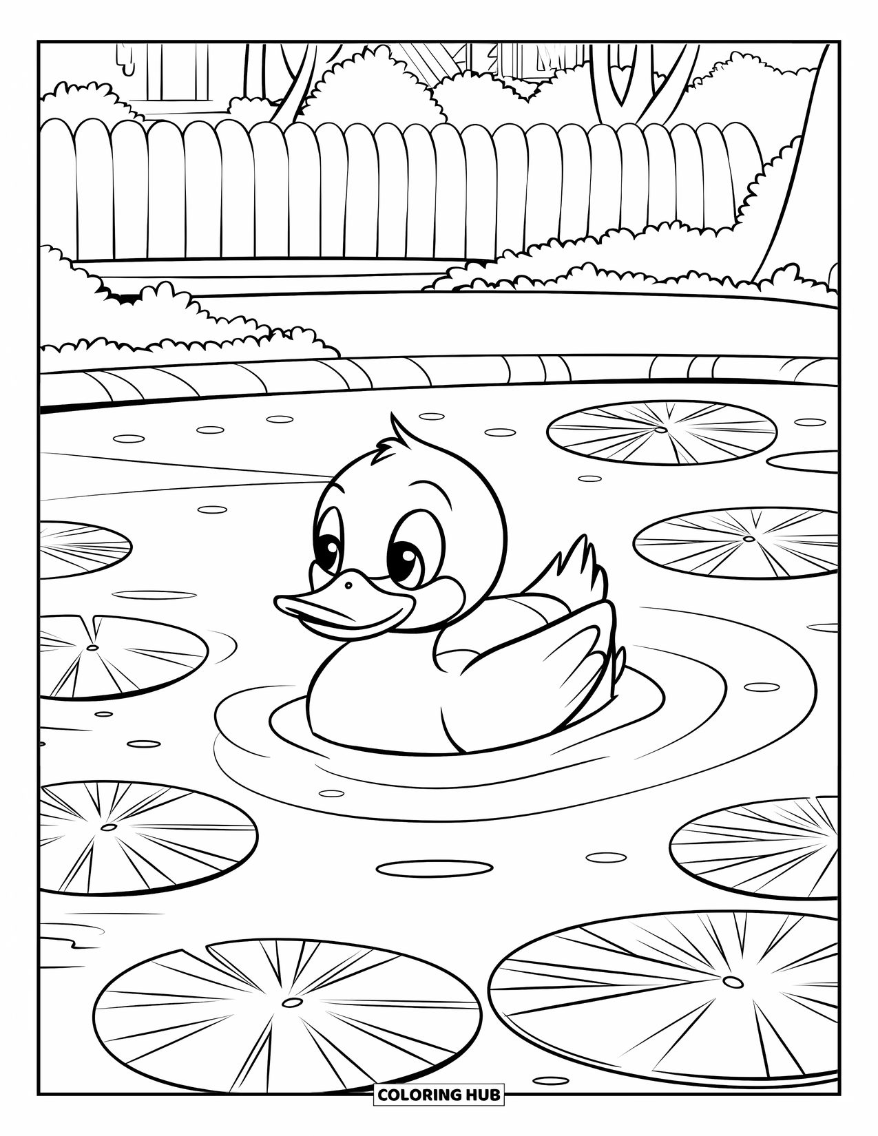 Park Coloring Page for Kids: A duck with orange feet floats on a lily pond near trees and a fence