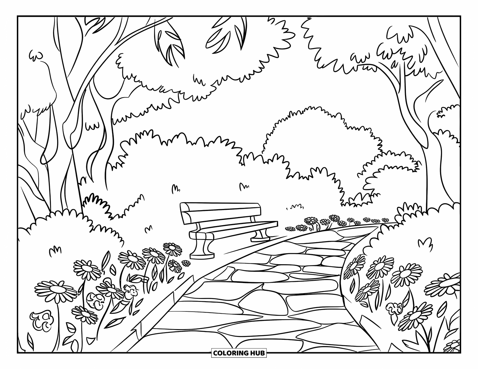 Park Coloring Page for Kids: A flower-lined stone path leads to a bench under big leafy trees in the park