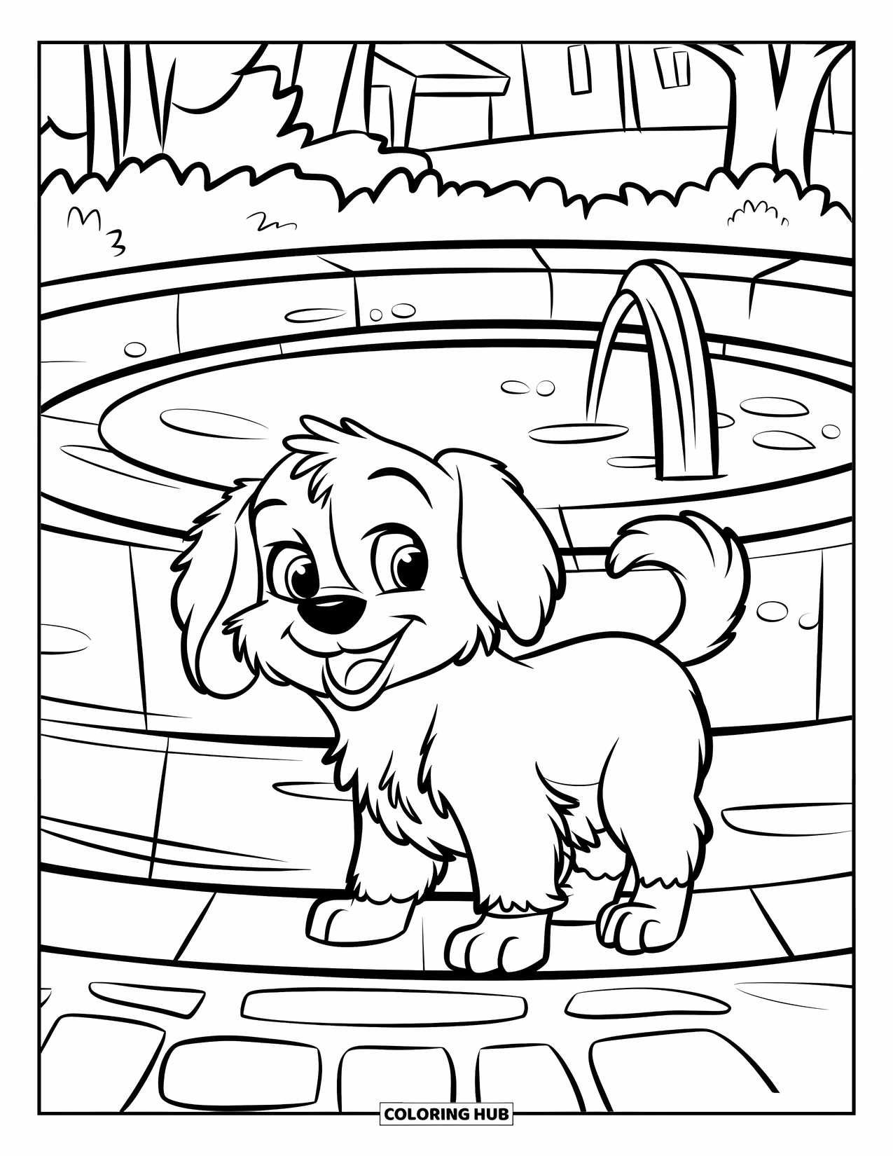 Park Coloring Page for Kids: A fluffy puppy wags its tail beside a round park fountain and trees