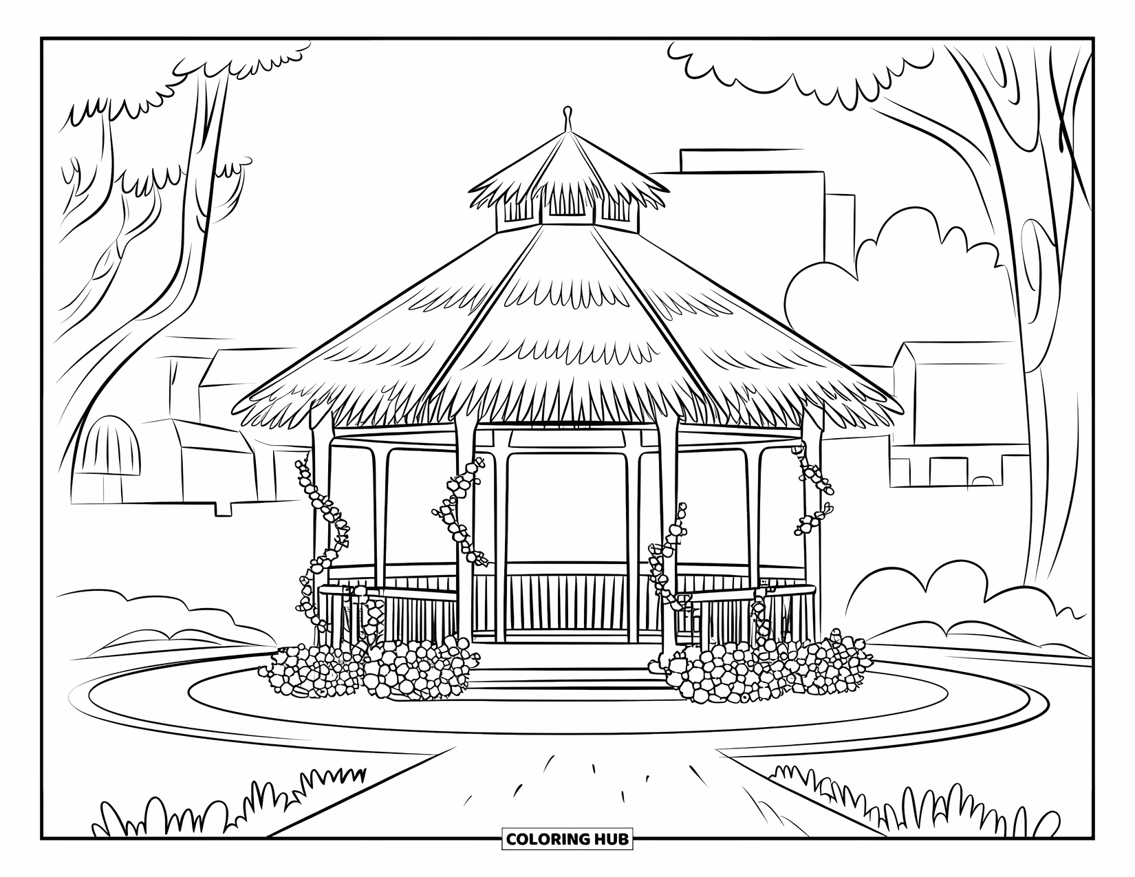 Park Coloring Page for Kids: A gazebo with a thatched roof and vines sits near a curvy path in a park