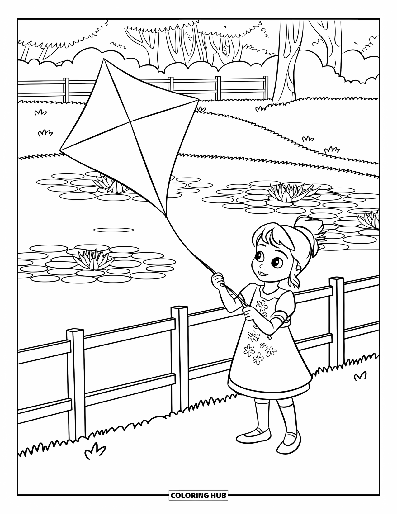 Park Coloring Page for Kids: A girl flies a kite beside a pond, standing near a fence with lilies behind her