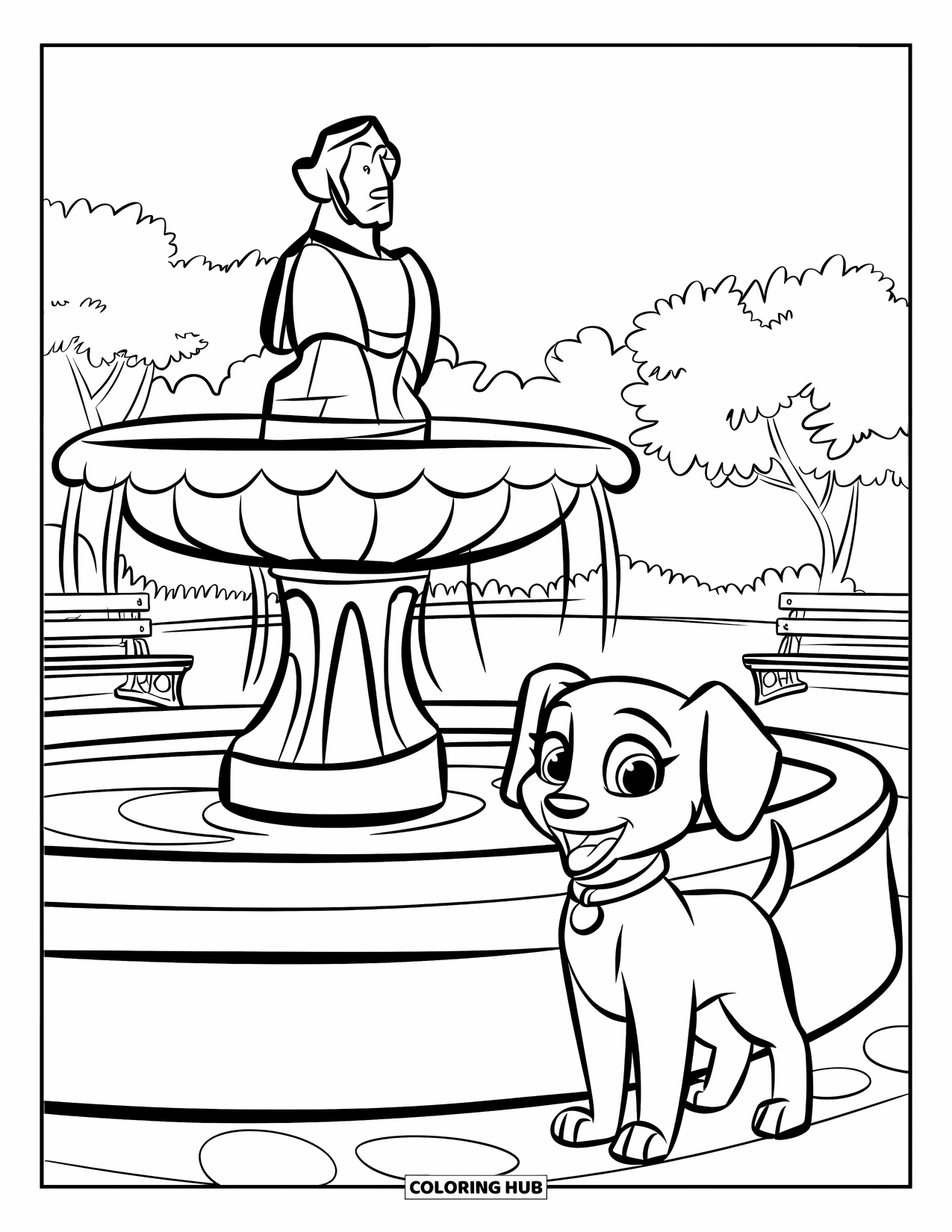 Park Coloring Page for Kids: A happy puppy with a collar plays beside a fountain near benches and trees