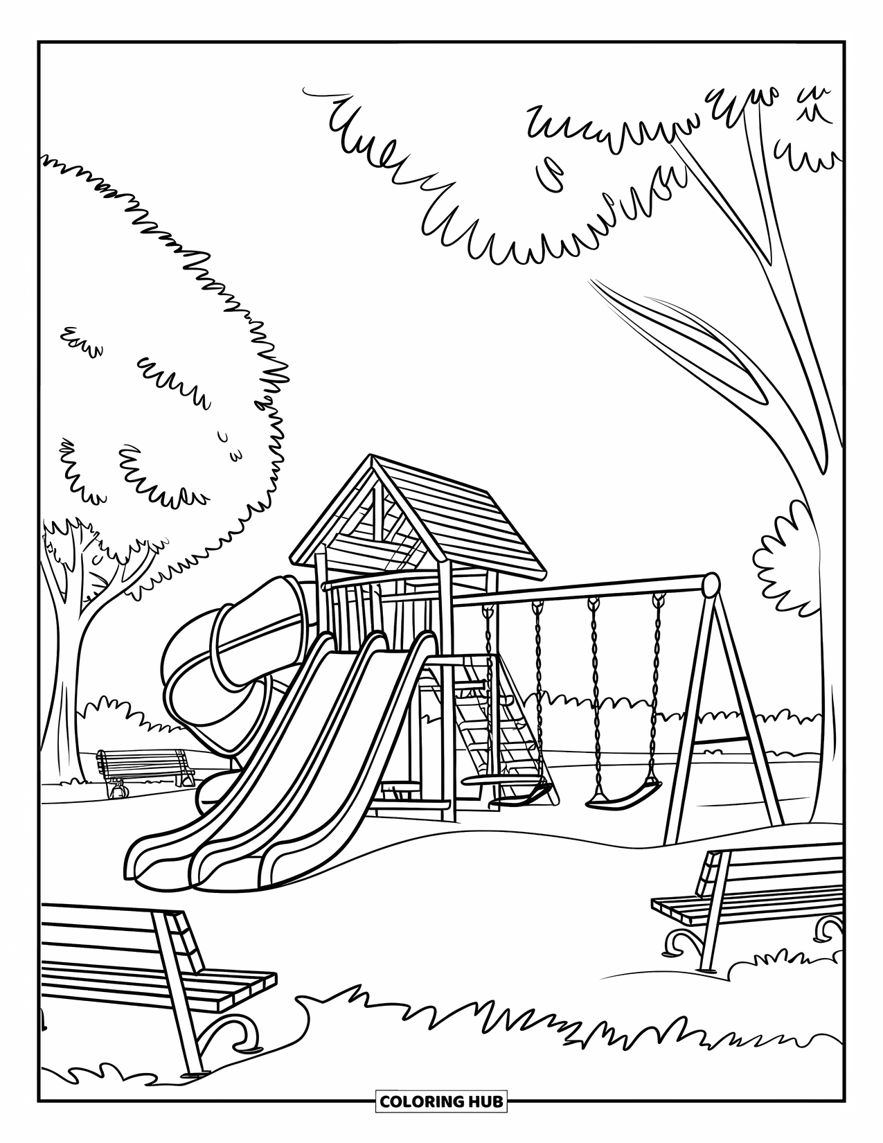 Park Coloring Page for Kids: A slide and swing set sit in the middle of a tree-filled park