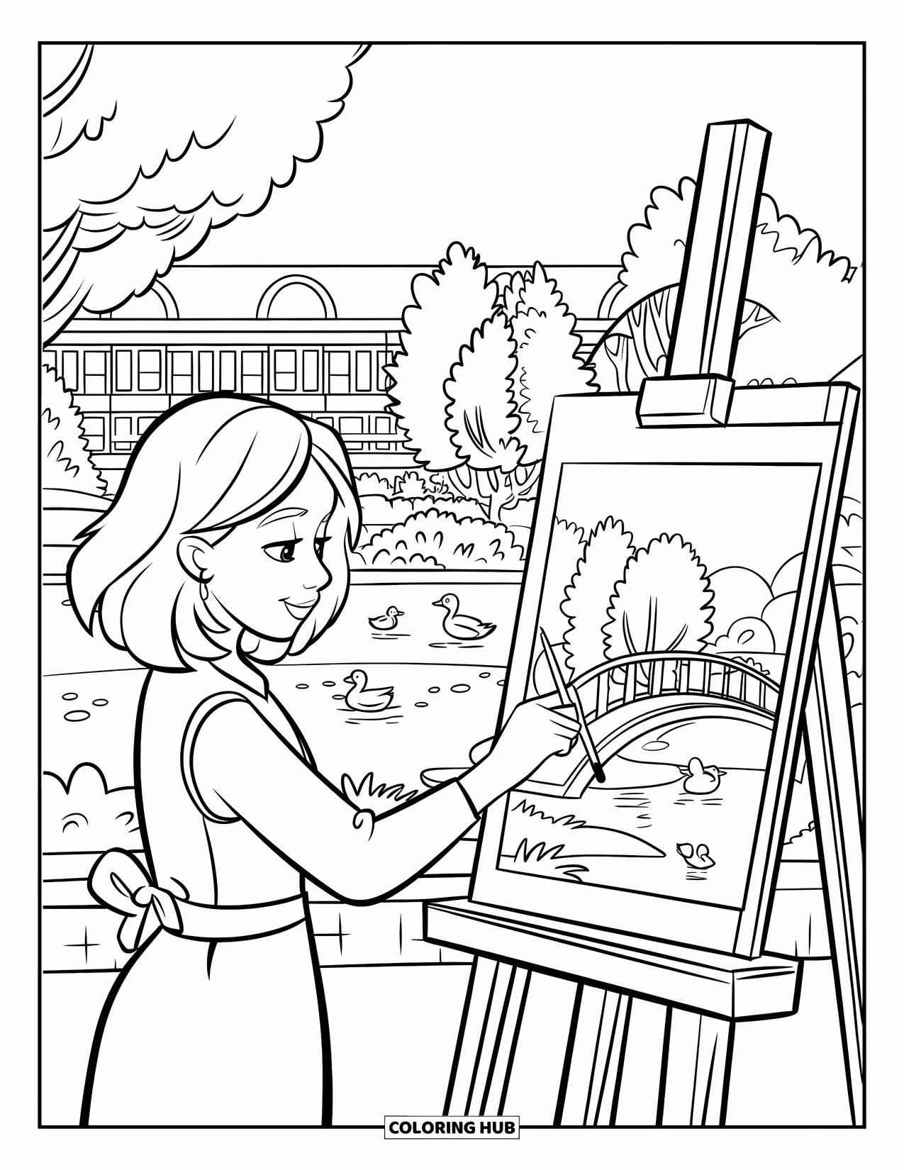 Park Coloring Page for Kids: A teen girl paints a park scene with ducks, a pond, and a building behind her