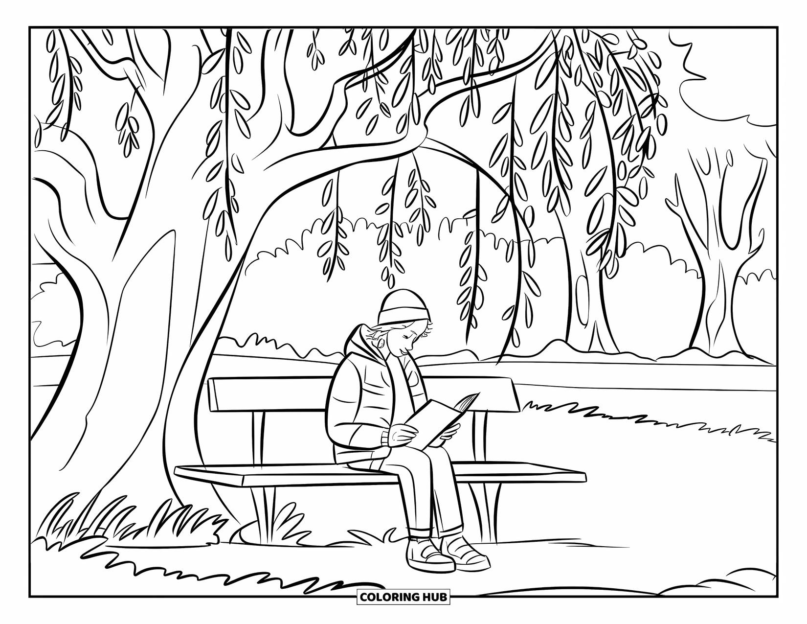 Park Coloring Page for Kids: A teen in a beanie reads on a bench under a leafy willow in the park