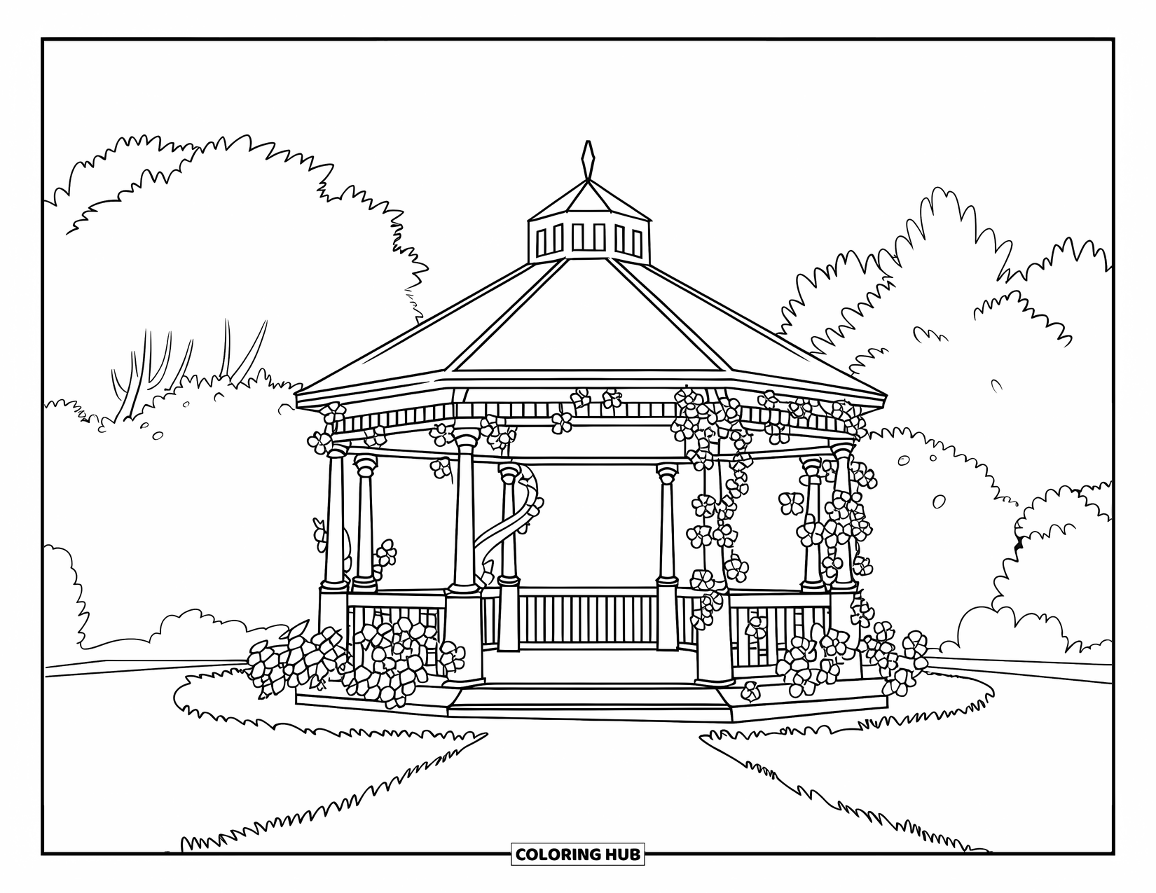 Park Coloring Page for Kids: A vine-covered gazebo stands in the middle of a grassy park with trees around