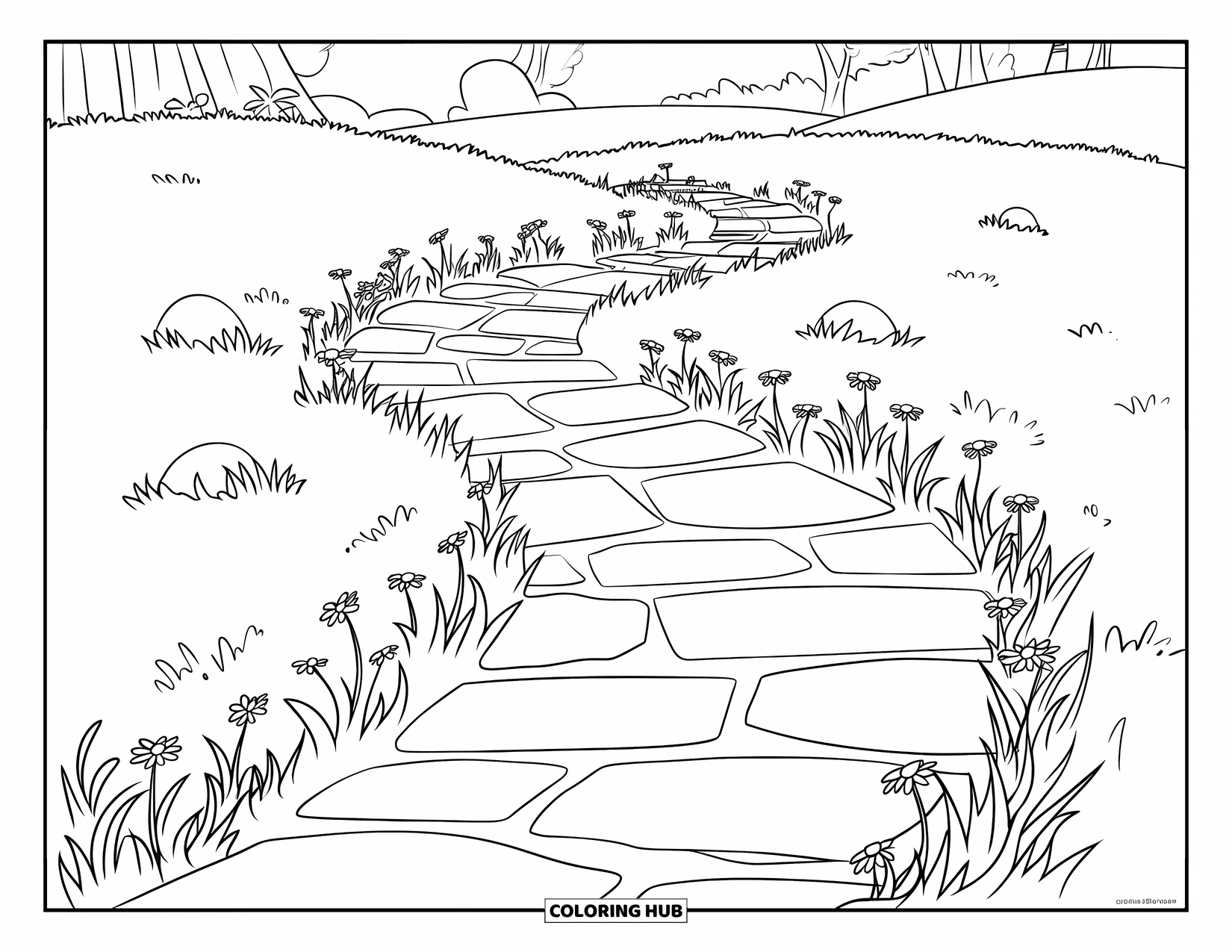 Park Coloring Page for Kids: A winding path with flowers and stones runs through a peaceful park with distant trees