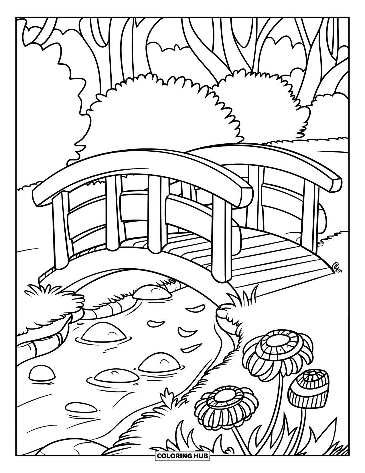 Park Coloring Page for Kids: A wooden bridge with a railing spans a stream with scattered flower petals nearby