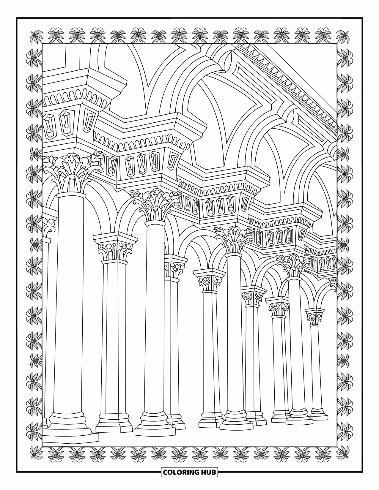 Pattern Coloring Page for Adults: Acanthus columns and arches align with floral cornices in a rich, classical scene
