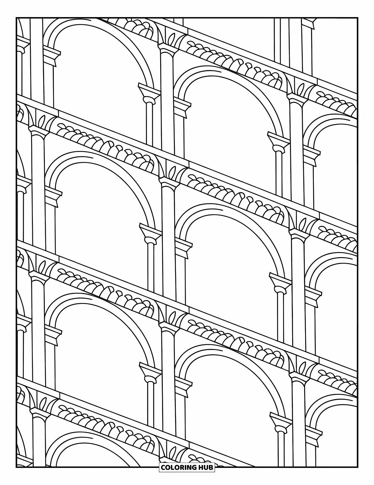 Pattern Coloring Page for Adults: Architectural arches and columns form a detailed, balanced design with decorative cornices