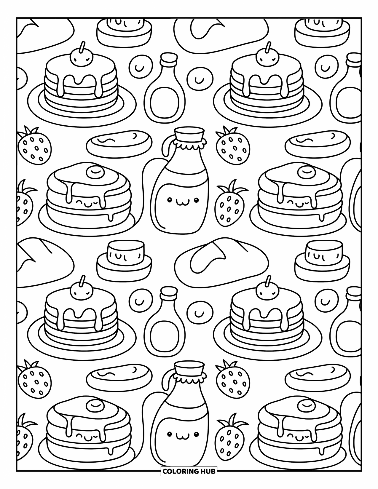 Pattern Coloring Page for Adults: Blushing pancakes stack beside syrup bottles, butter pats, and strawberries